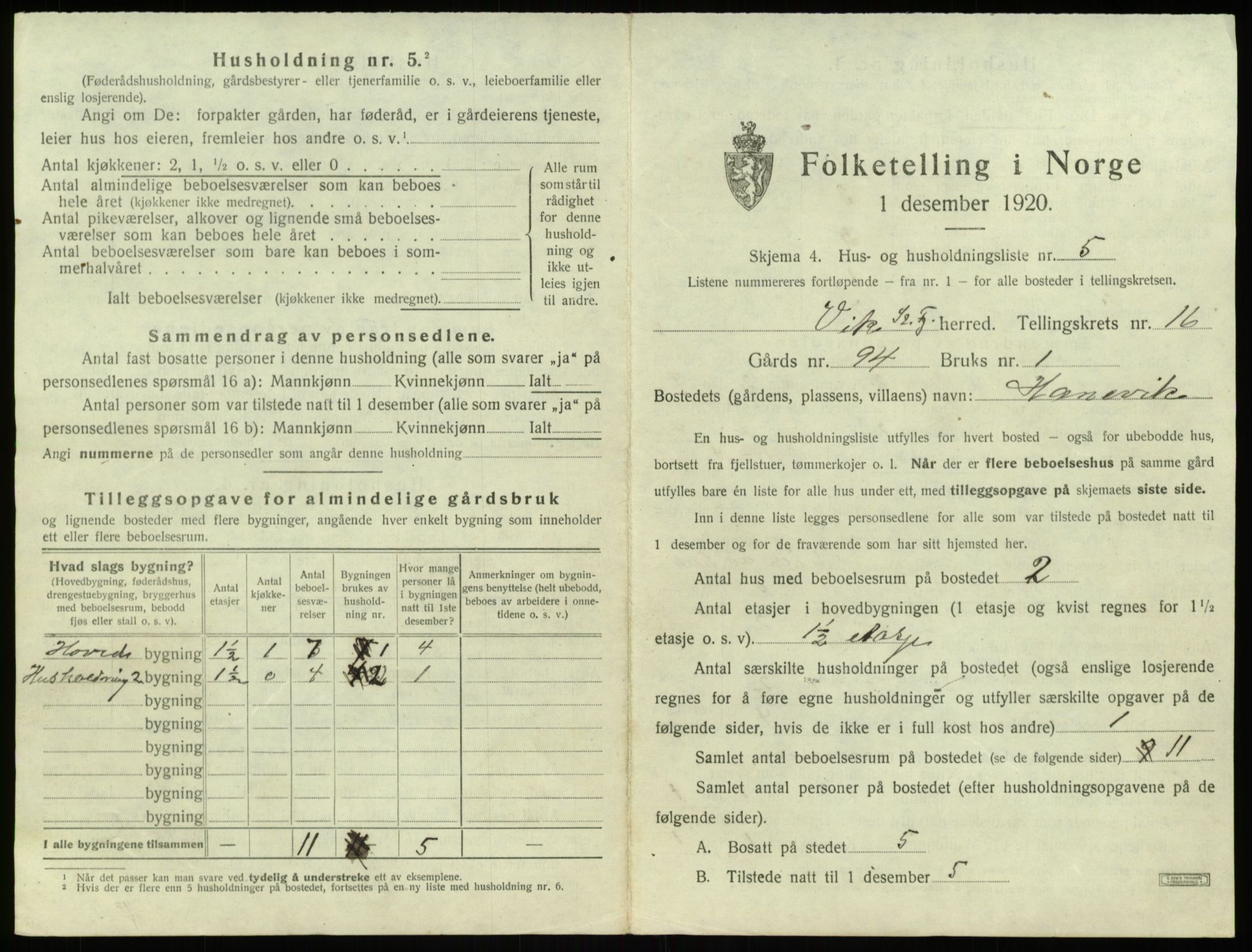 SAB, 1920 census for Vik, 1920, p. 1297