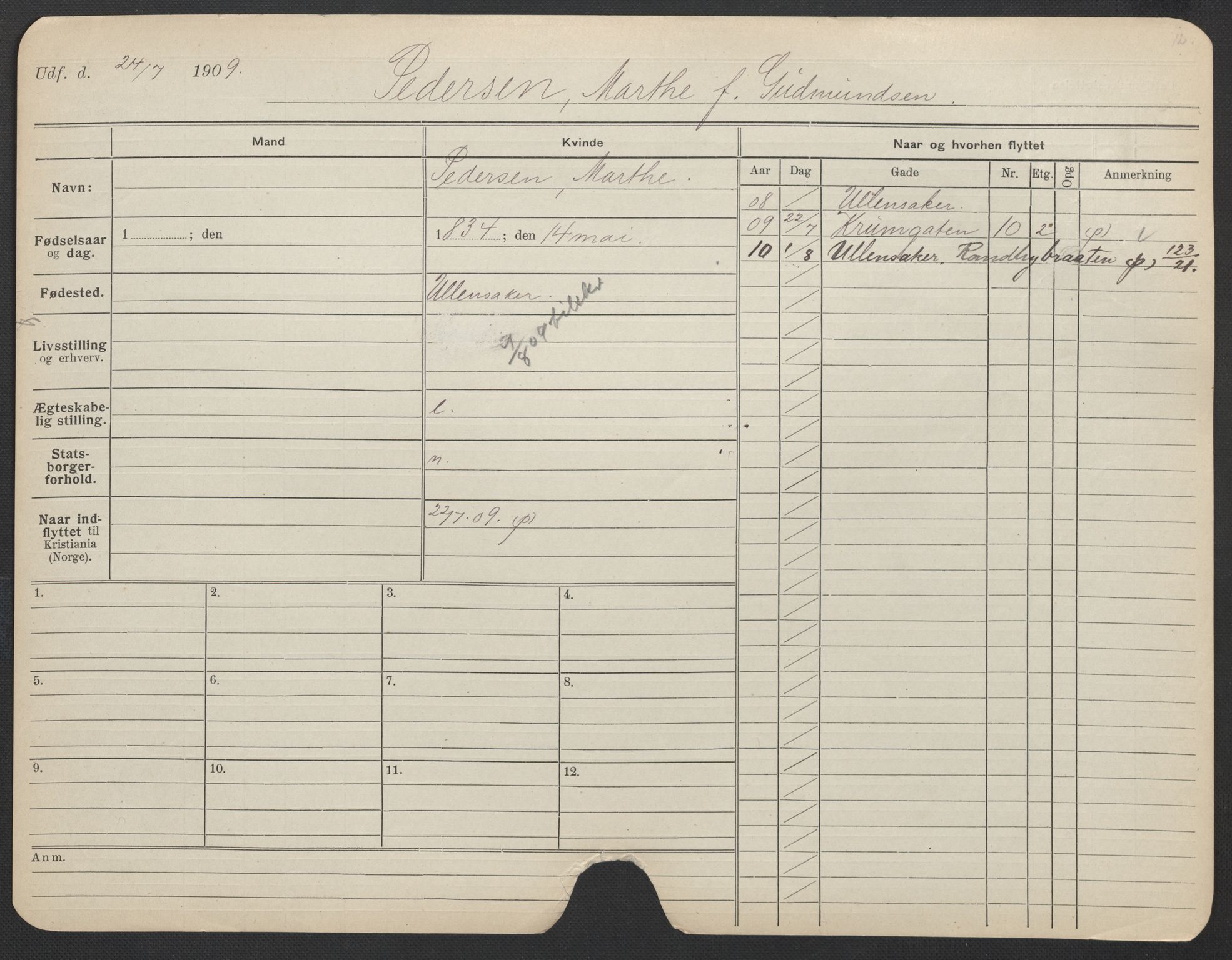 Oslo folkeregister, Registerkort, AV/SAO-A-11715/F/Fa/Fac/L0022: Kvinner, 1906-1914, p. 826a