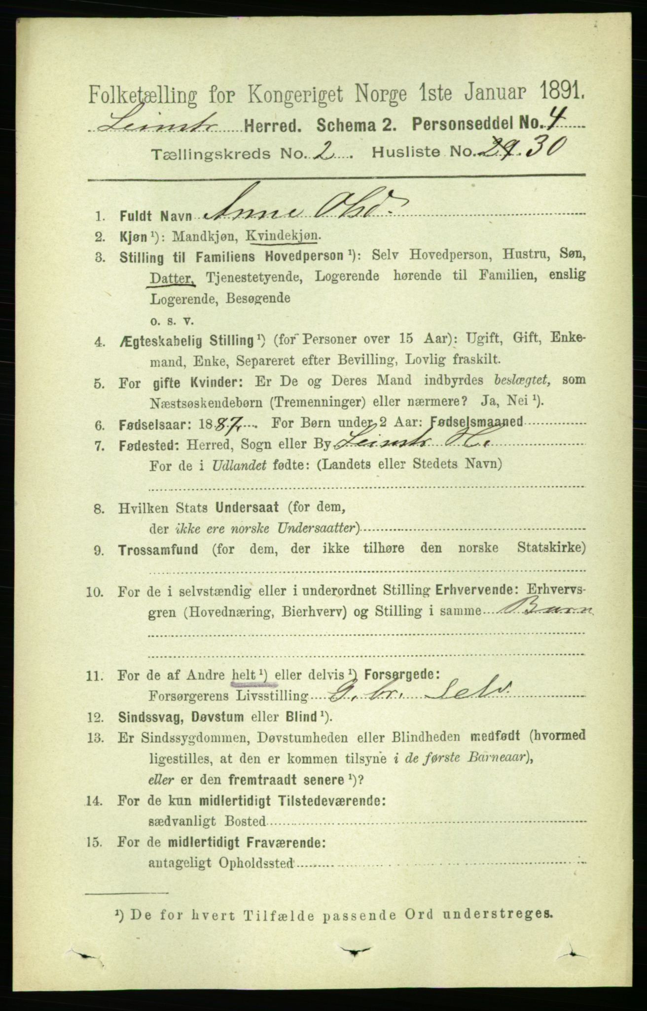 RA, 1891 census for 1654 Leinstrand, 1891, p. 690