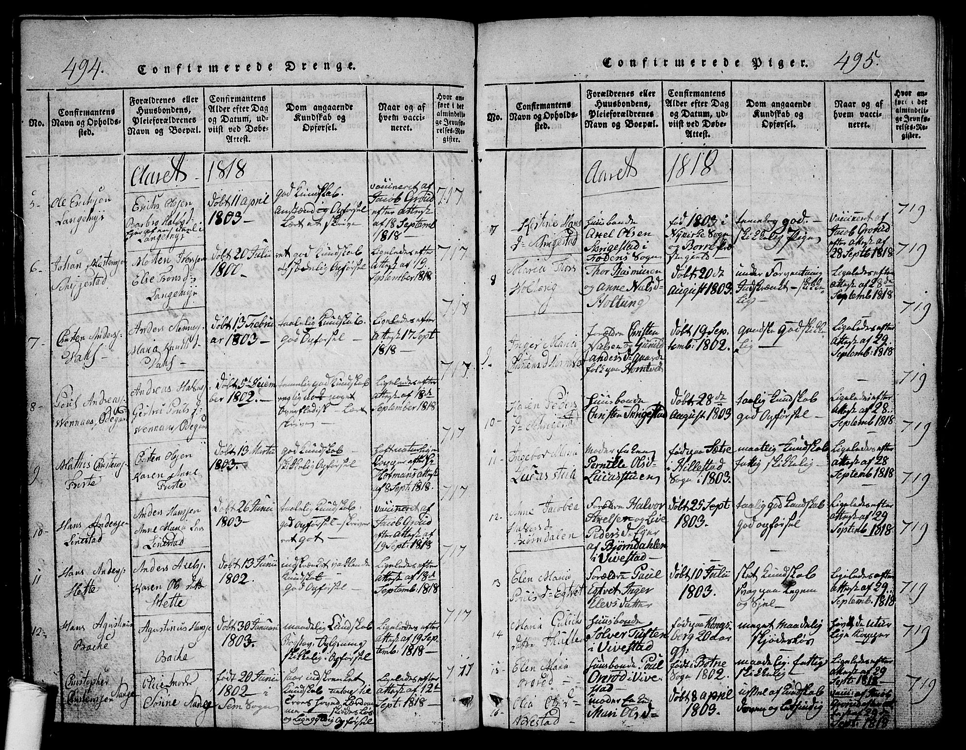 Ramnes kirkebøker, SAKO/A-314/G/Ga/L0001: Parish register (copy) no. I 1, 1813-1847, p. 494-495