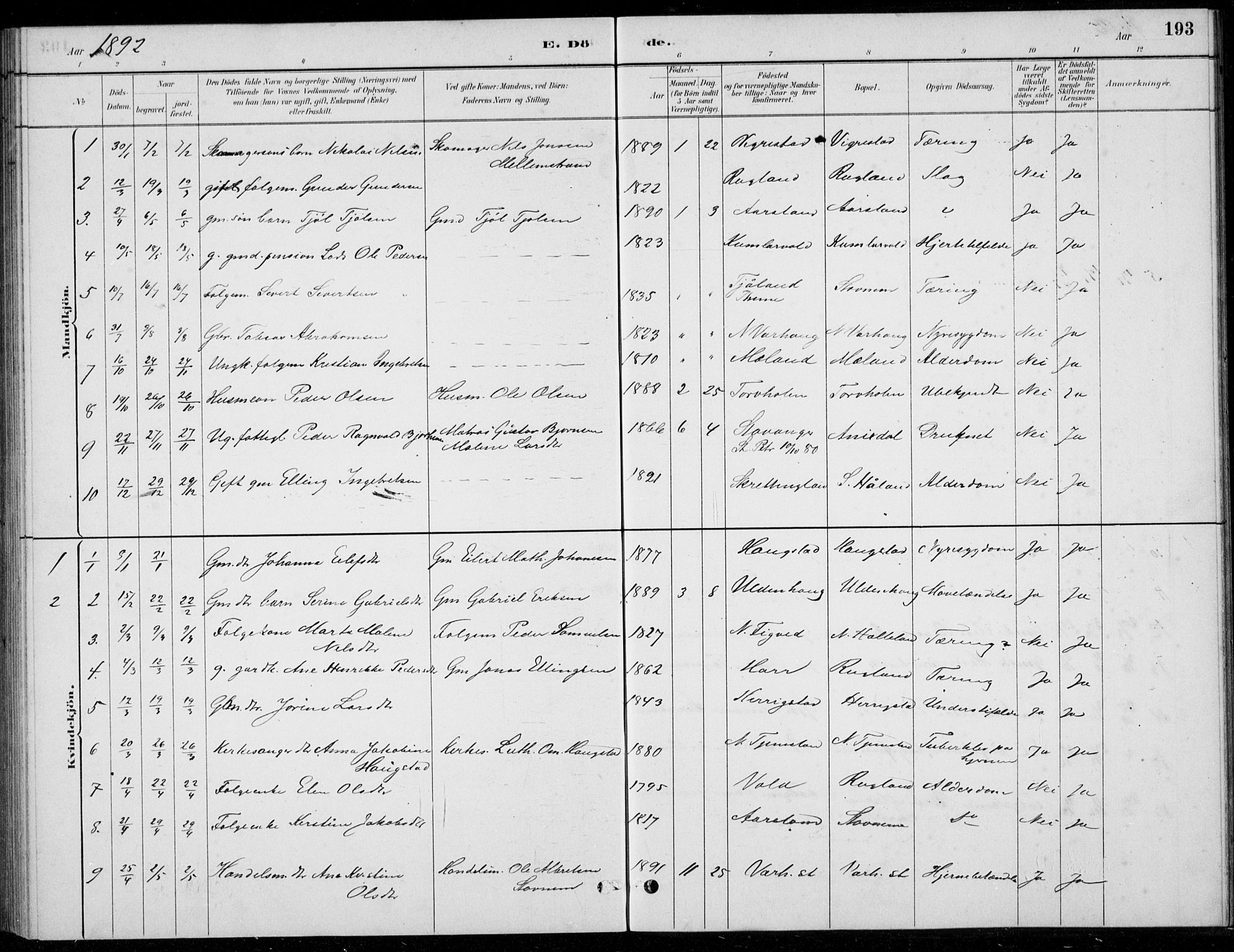 Hå sokneprestkontor, AV/SAST-A-101801/001/30BB/L0004: Parish register (copy) no. B 4, 1883-1899, p. 193