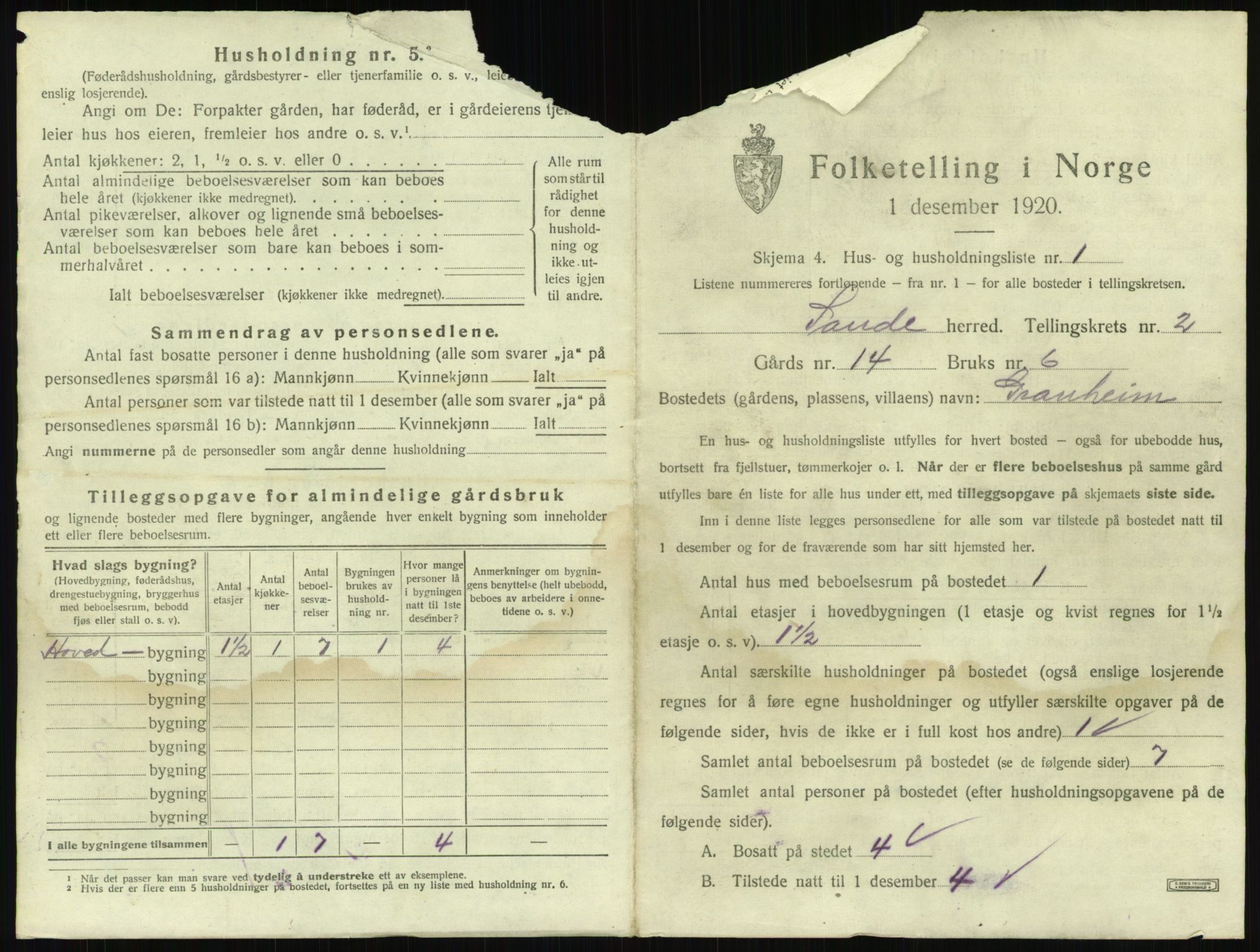 SAKO, 1920 census for Sande, 1920, p. 208