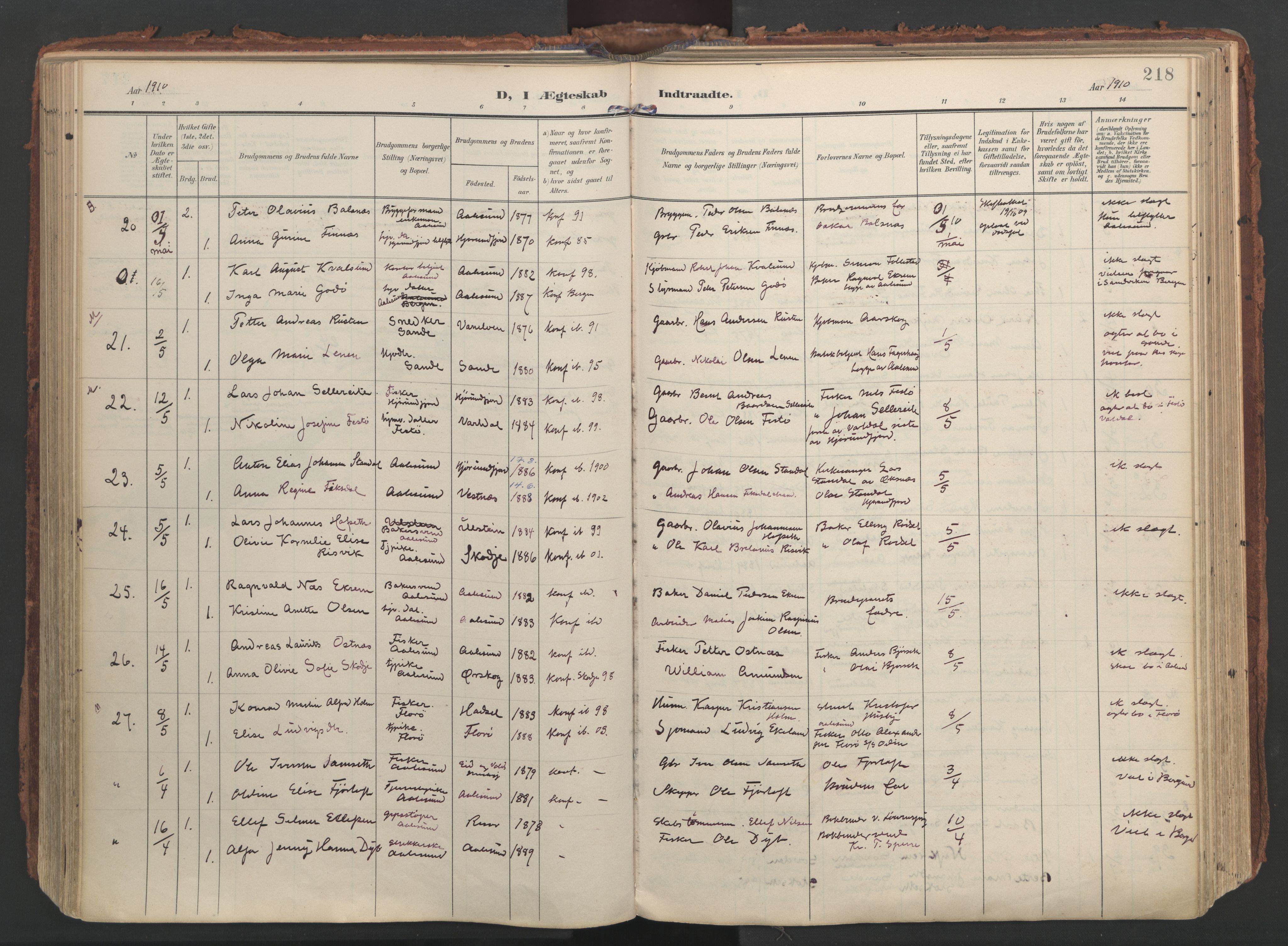 Ministerialprotokoller, klokkerbøker og fødselsregistre - Møre og Romsdal, AV/SAT-A-1454/529/L0459: Parish register (official) no. 529A09, 1904-1917, p. 218