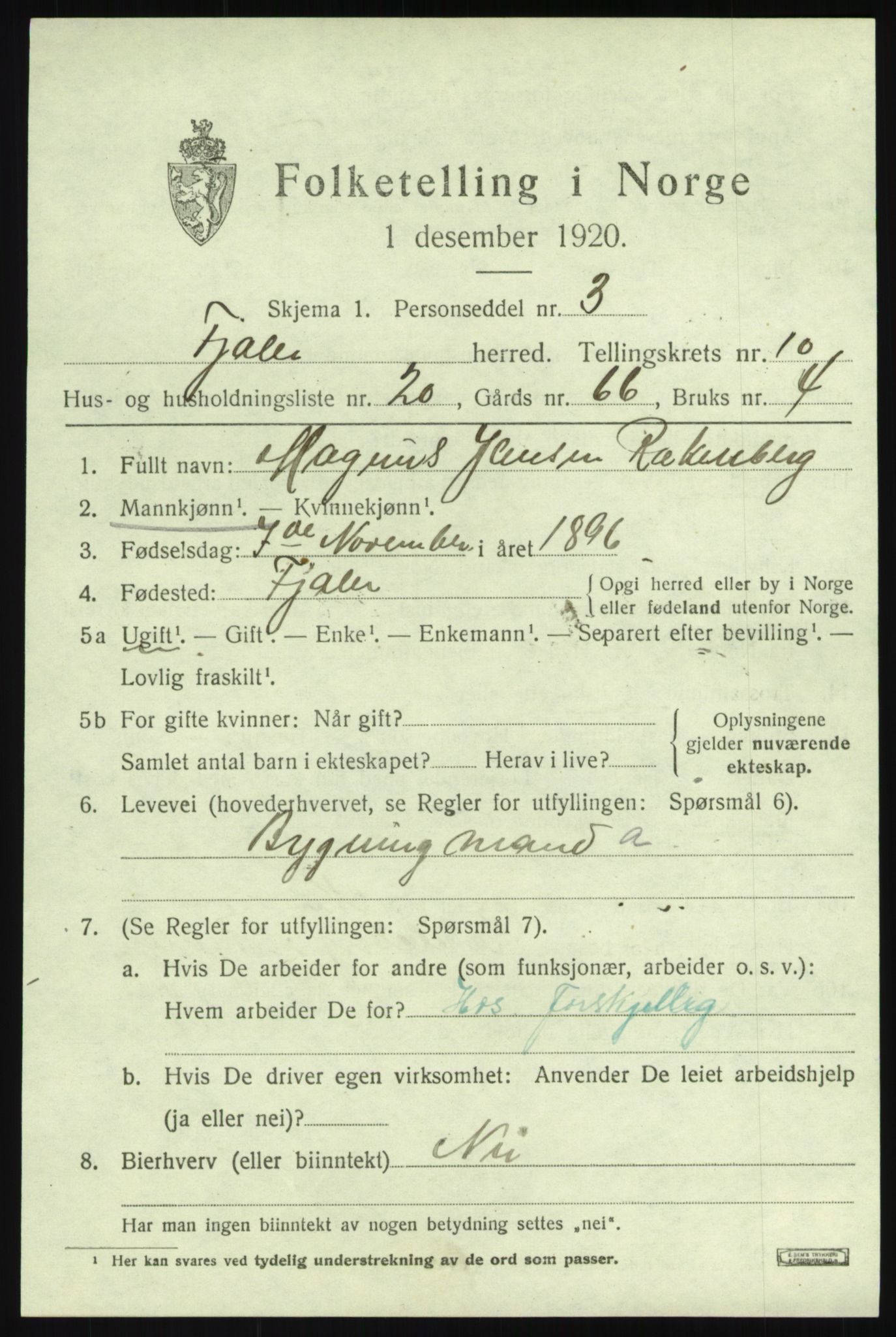 SAB, 1920 census for Fjaler, 1920, p. 5193