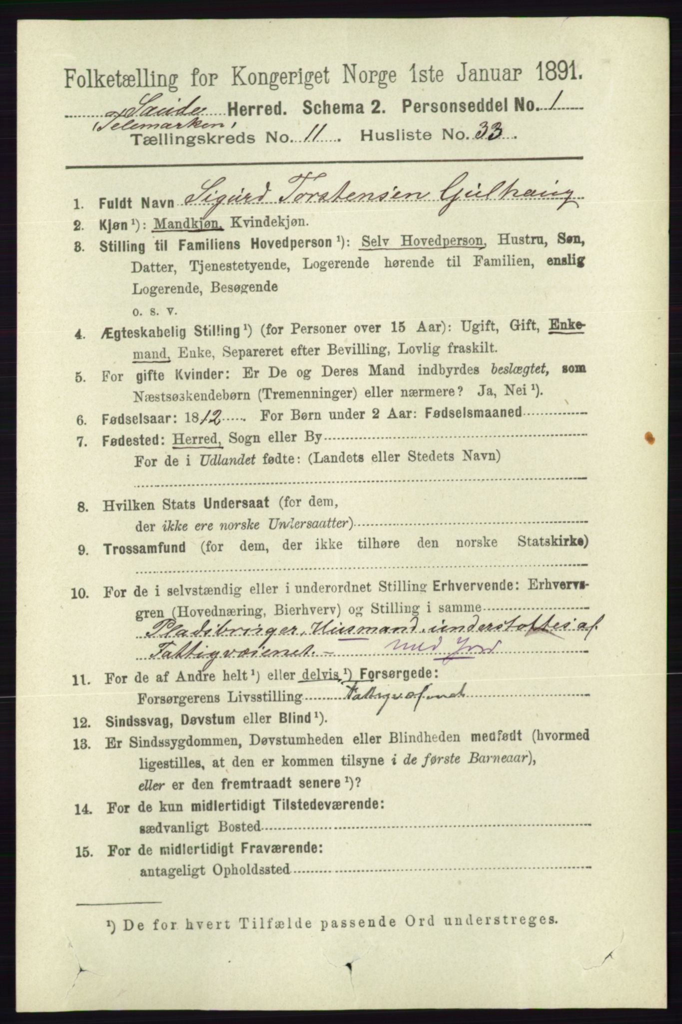 RA, 1891 census for 0822 Sauherad, 1891, p. 3560