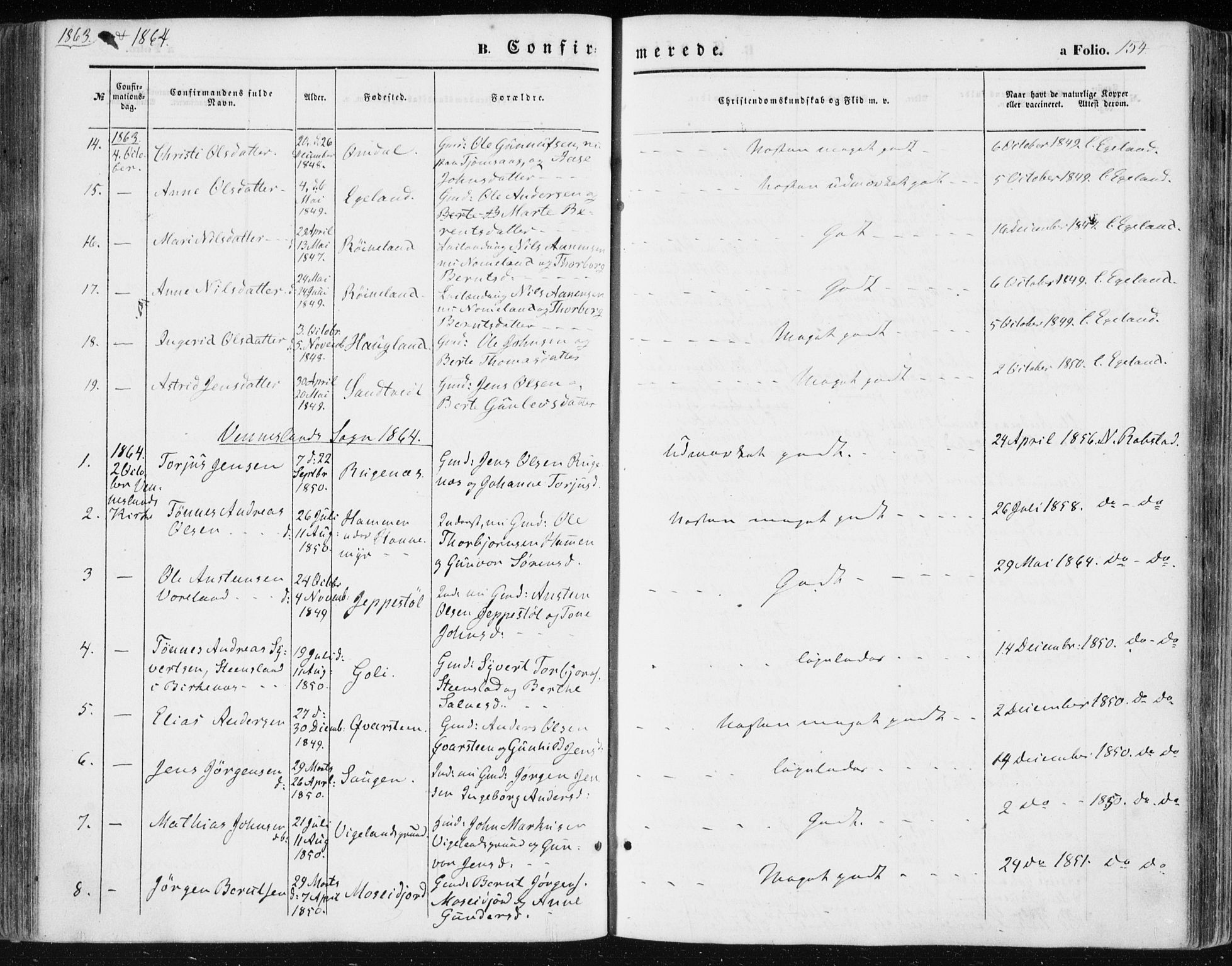 Vennesla sokneprestkontor, SAK/1111-0045/Fa/Fac/L0007: Parish register (official) no. A 7, 1855-1873, p. 154