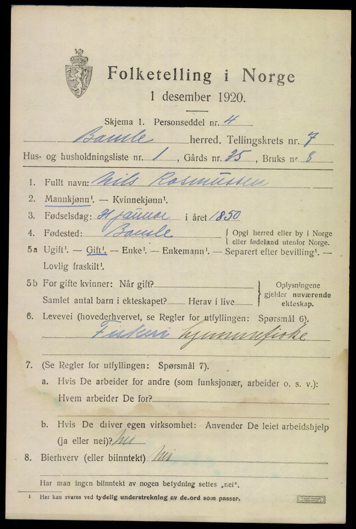 SAKO, 1920 census for Bamble, 1920, p. 6917