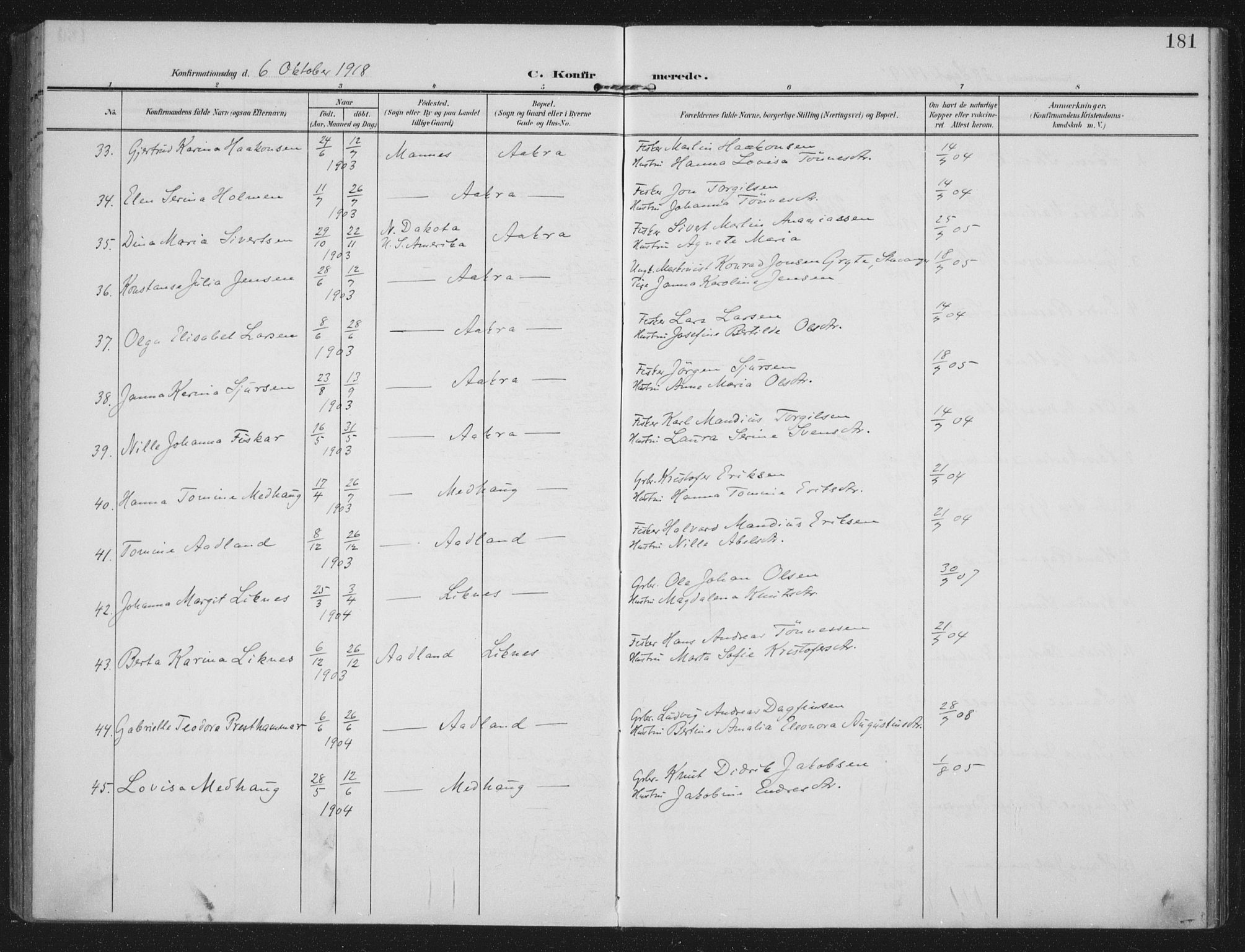 Kopervik sokneprestkontor, SAST/A-101850/H/Ha/Haa/L0005: Parish register (official) no. A 5, 1906-1924, p. 181