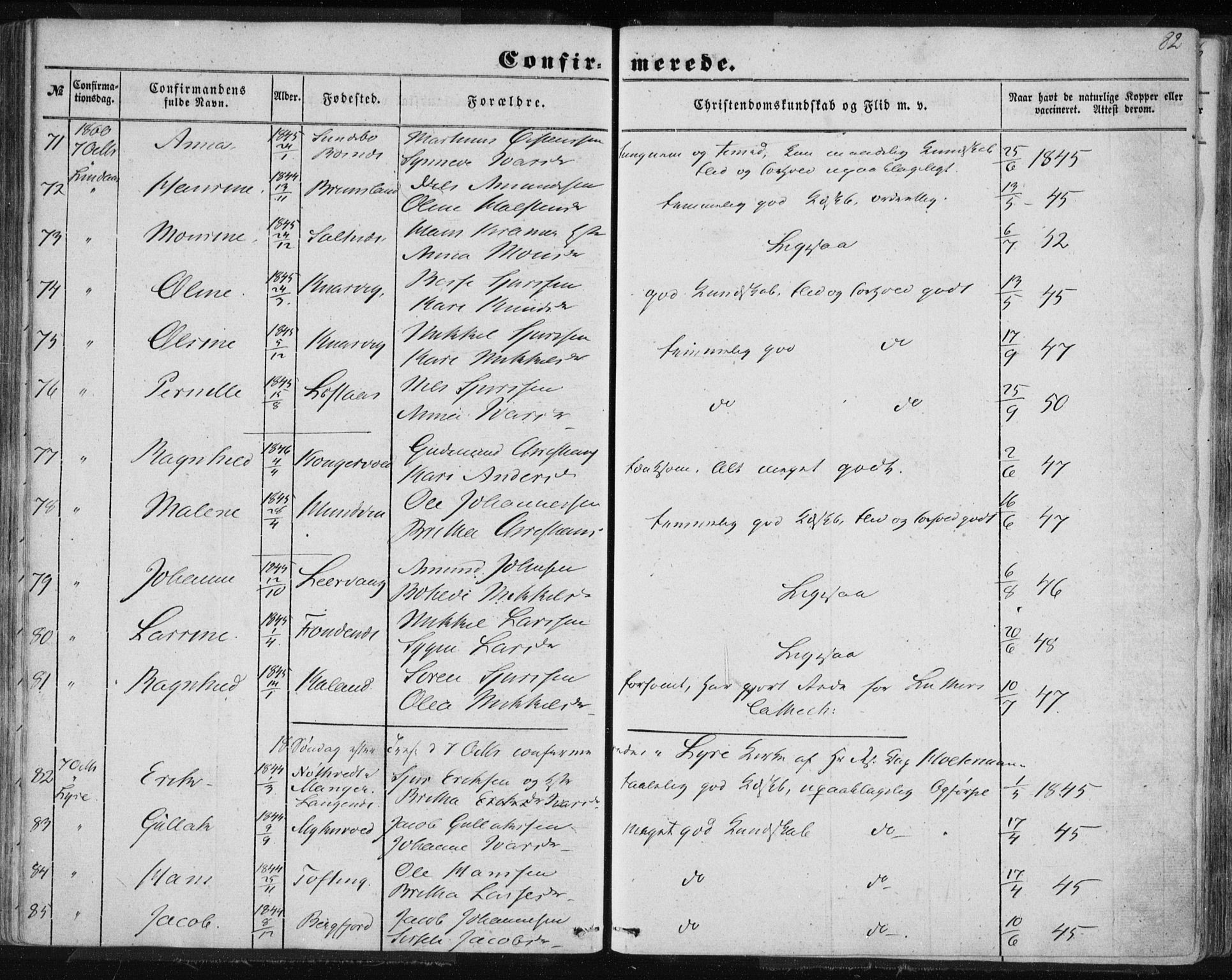 Lindås Sokneprestembete, AV/SAB-A-76701/H/Haa/Haaa/L0013: Parish register (official) no. A 13, 1848-1862, p. 82