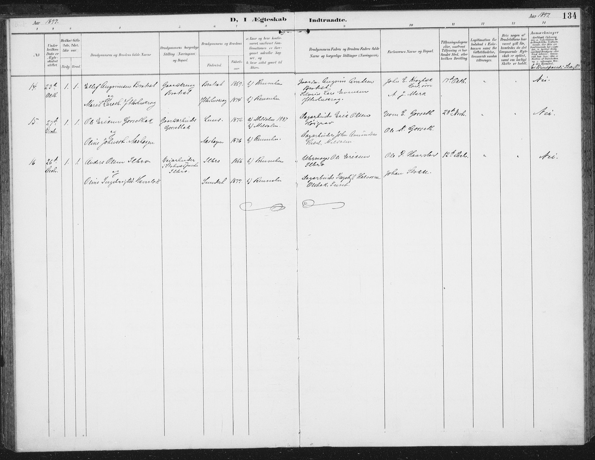 Ministerialprotokoller, klokkerbøker og fødselsregistre - Sør-Trøndelag, AV/SAT-A-1456/674/L0872: Parish register (official) no. 674A04, 1897-1907, p. 134