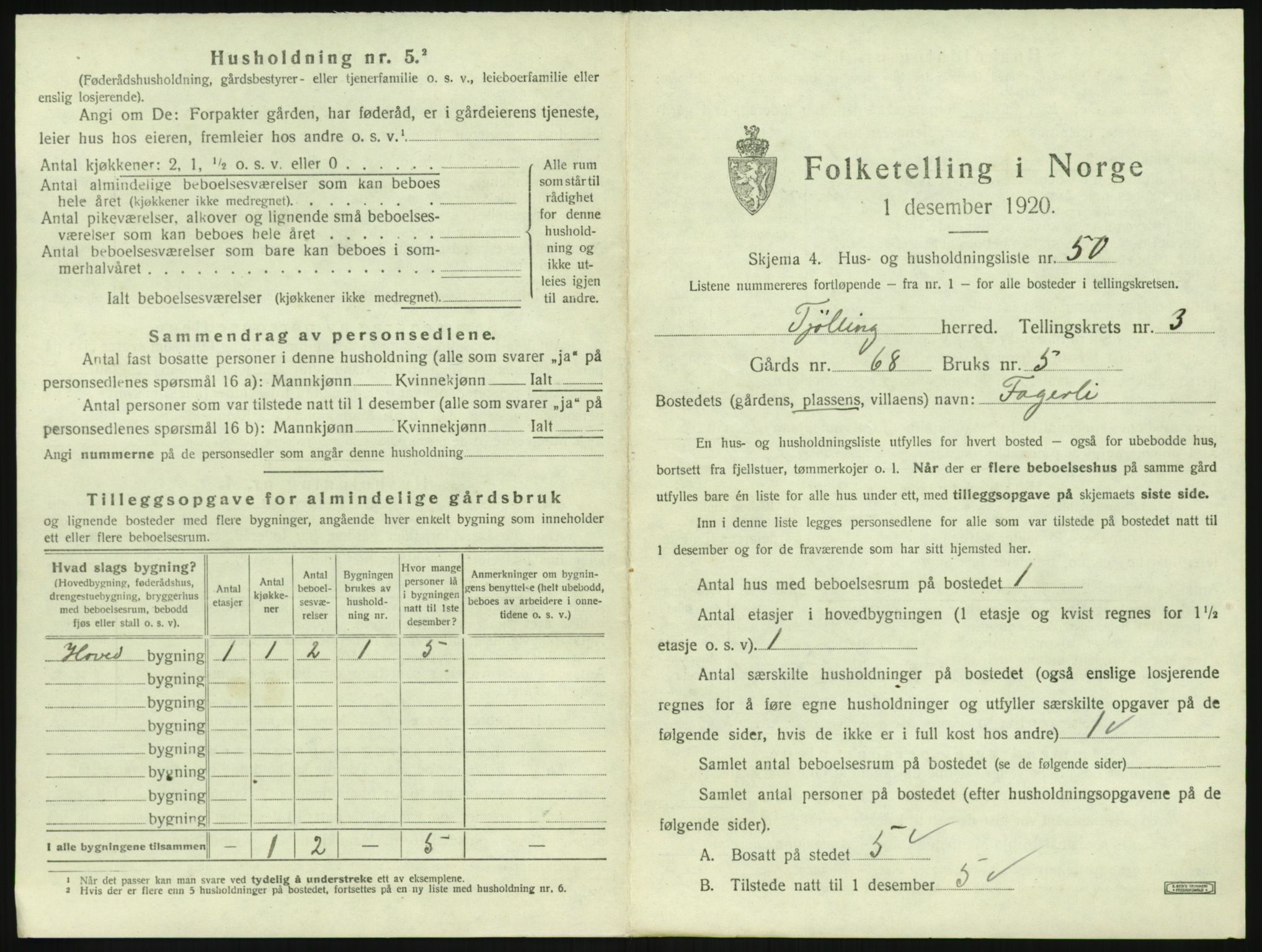 SAKO, 1920 census for Tjølling, 1920, p. 1065