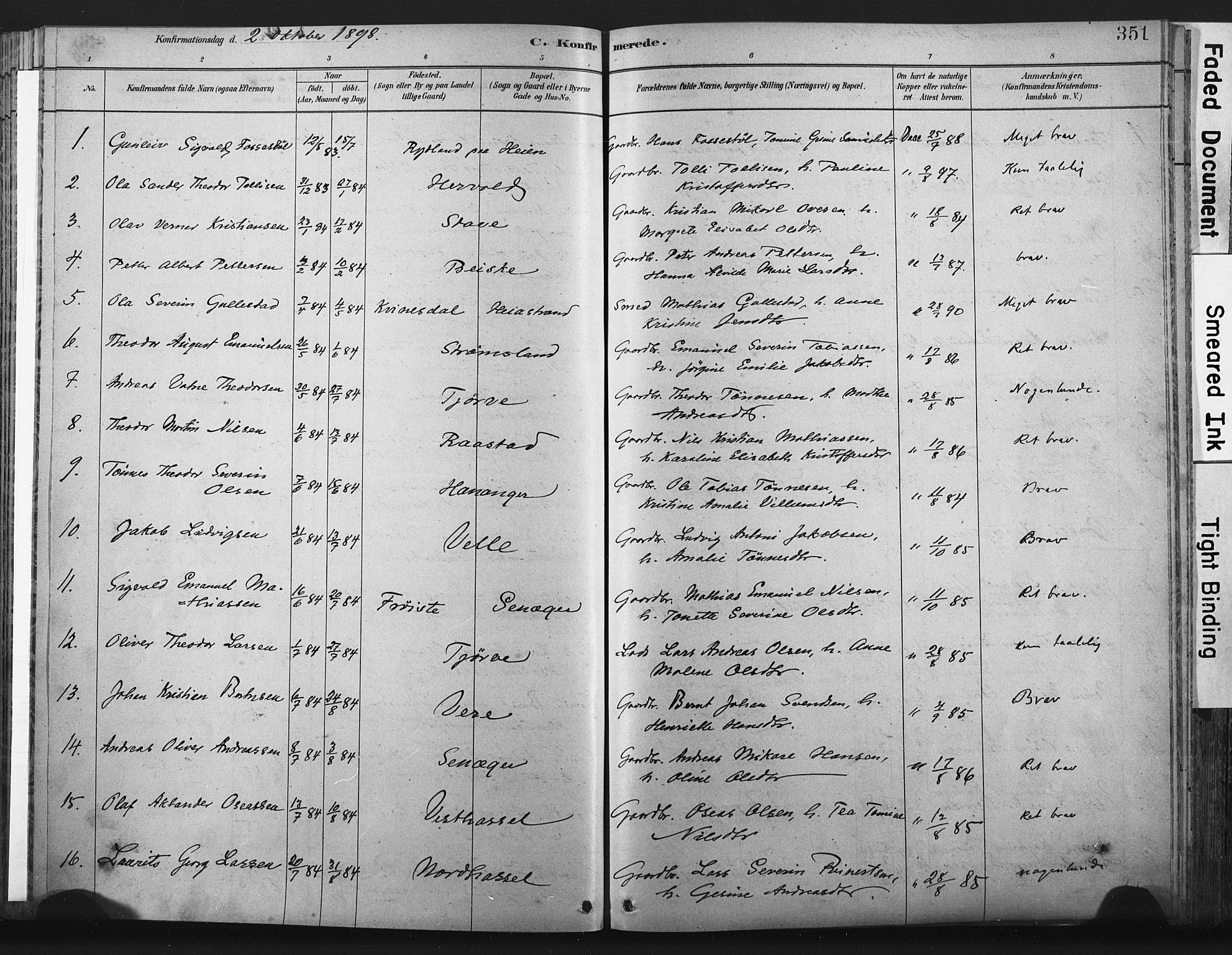 Lista sokneprestkontor, AV/SAK-1111-0027/F/Fa/L0012: Parish register (official) no. A 12, 1879-1903, p. 351