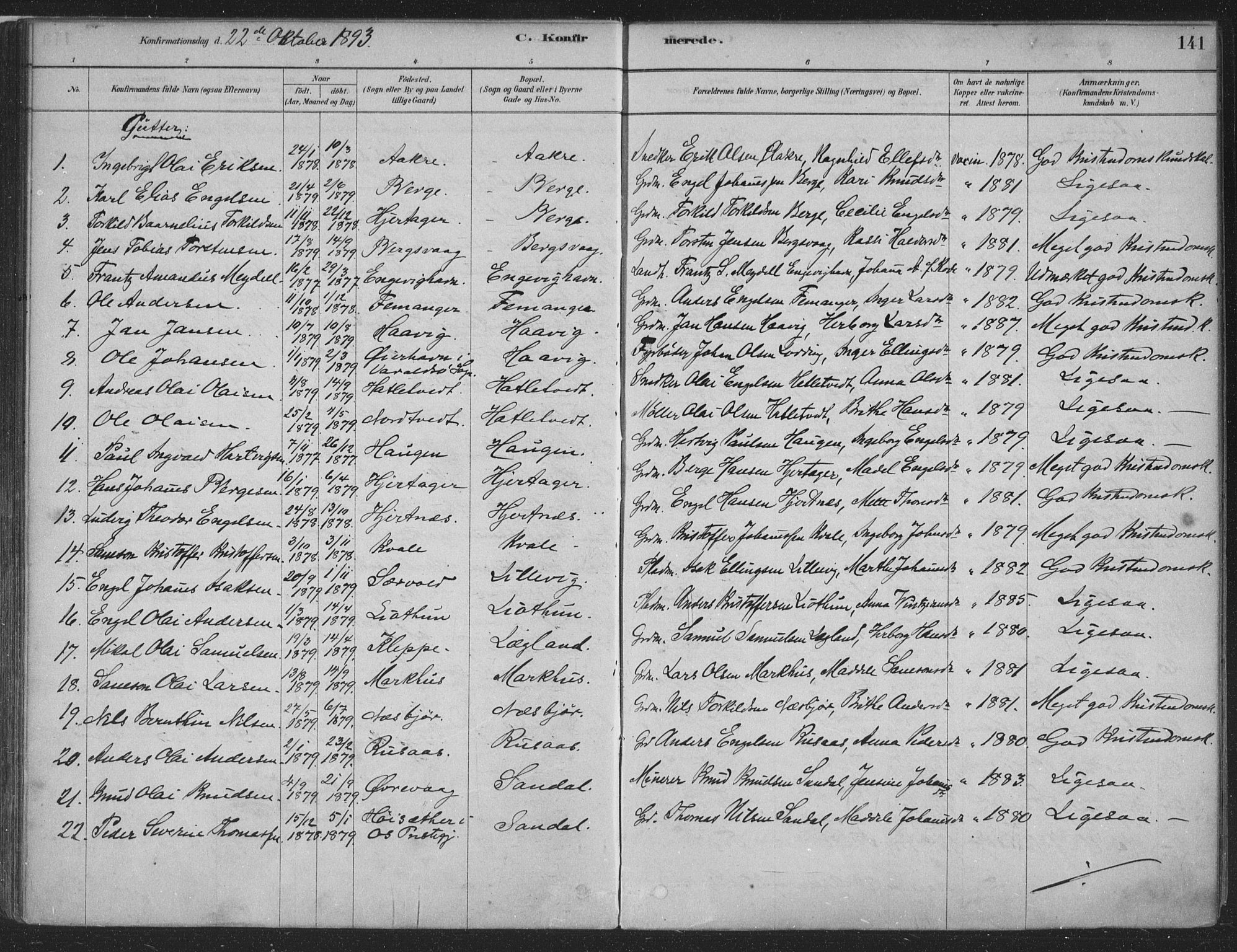 Fusa sokneprestembete, SAB/A-75401/H/Haa: Parish register (official) no. D 1, 1880-1938, p. 141