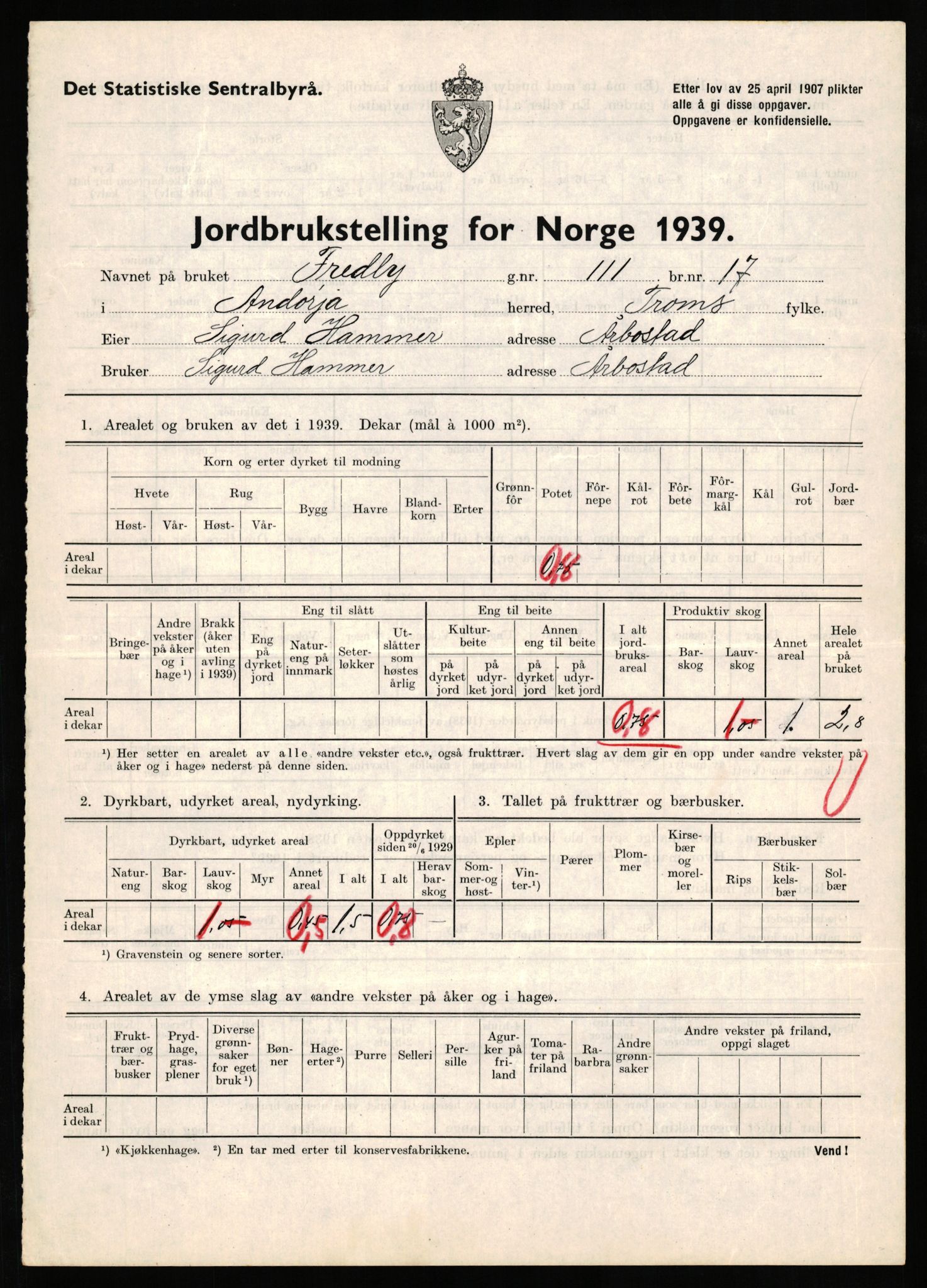 Statistisk sentralbyrå, Næringsøkonomiske emner, Jordbruk, skogbruk, jakt, fiske og fangst, AV/RA-S-2234/G/Gb/L0339: Troms: Andørja, Astafjord og Lavangen, 1939, p. 395