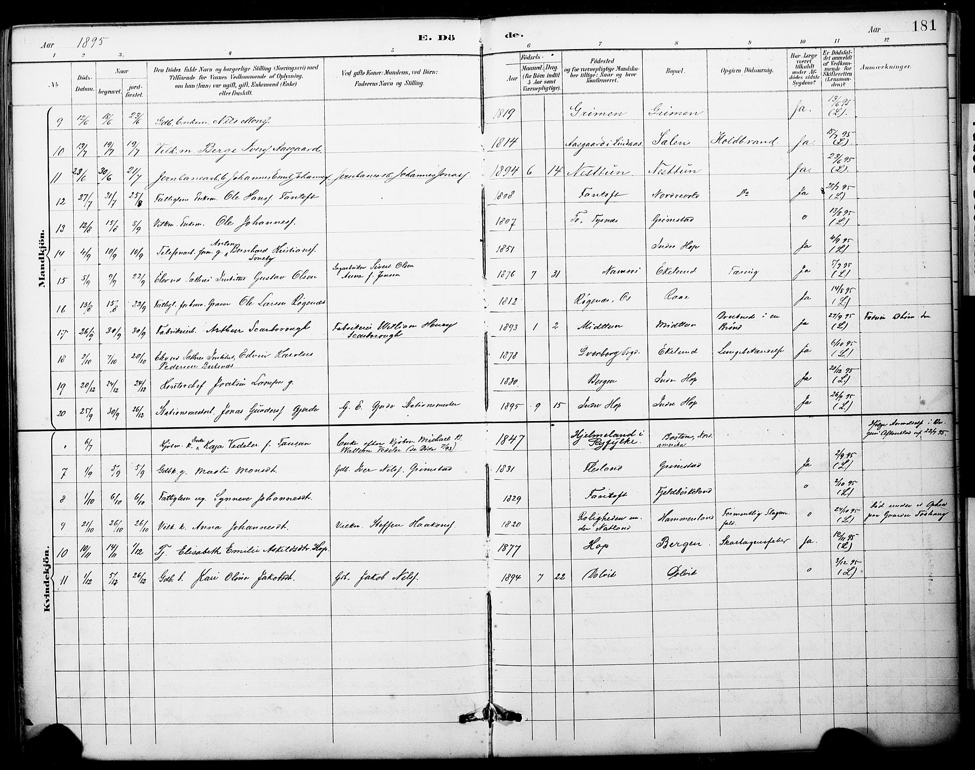 Fana Sokneprestembete, AV/SAB-A-75101/H/Haa/Haai/L0002: Parish register (official) no. I 2, 1888-1899, p. 181