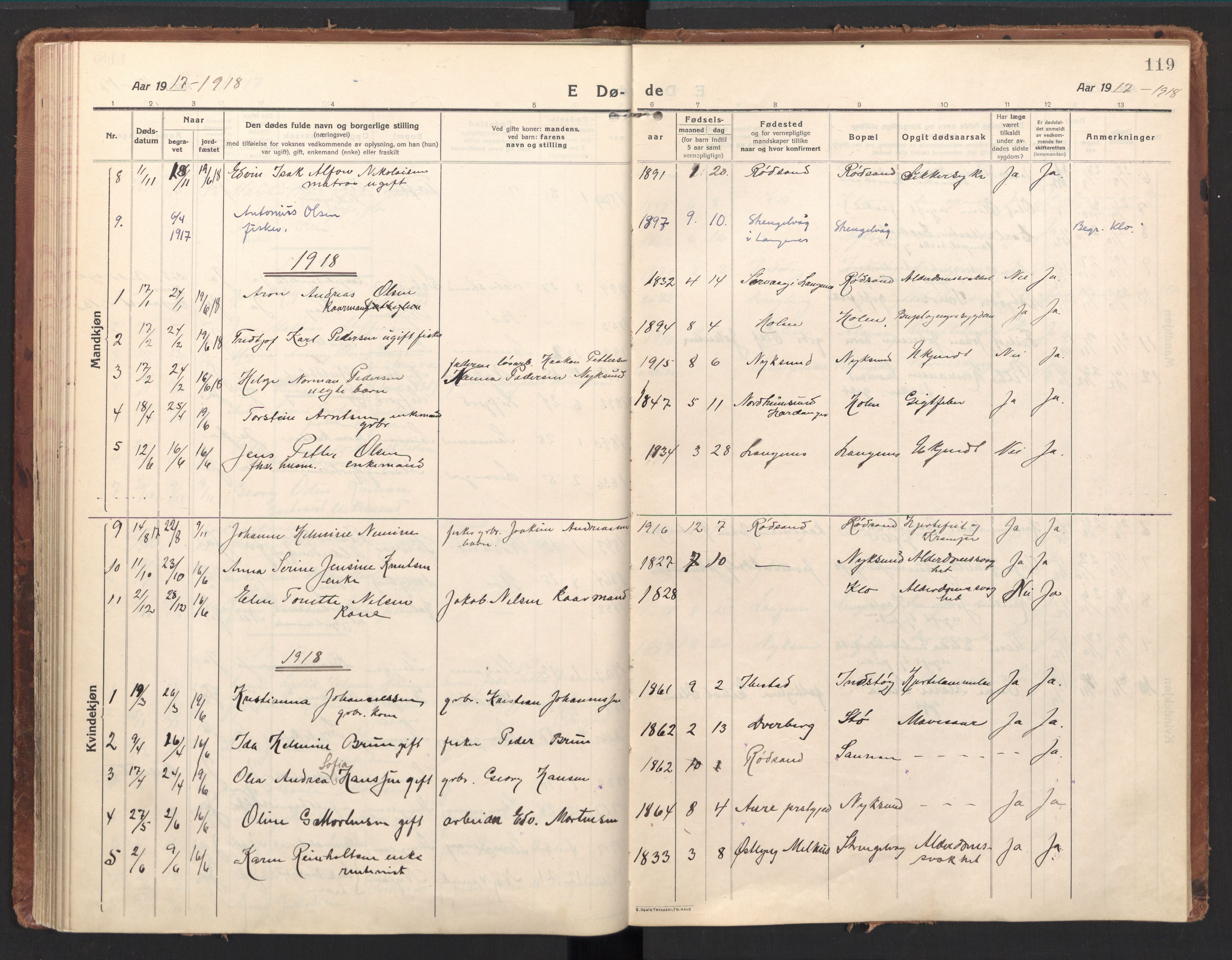 Ministerialprotokoller, klokkerbøker og fødselsregistre - Nordland, AV/SAT-A-1459/894/L1357: Parish register (official) no. 894A03, 1913-1934, p. 119