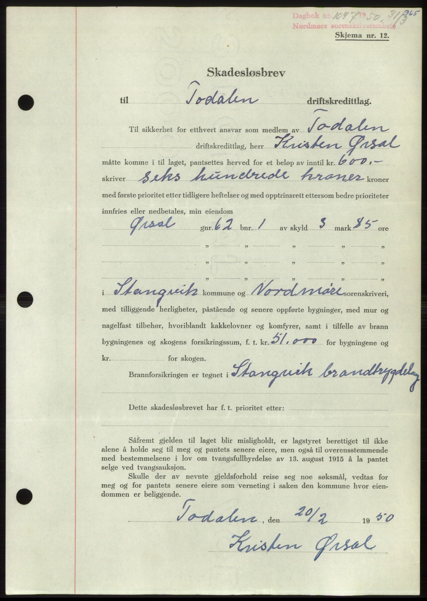 Nordmøre sorenskriveri, AV/SAT-A-4132/1/2/2Ca: Mortgage book no. B104, 1950-1950, Diary no: : 1047/1950