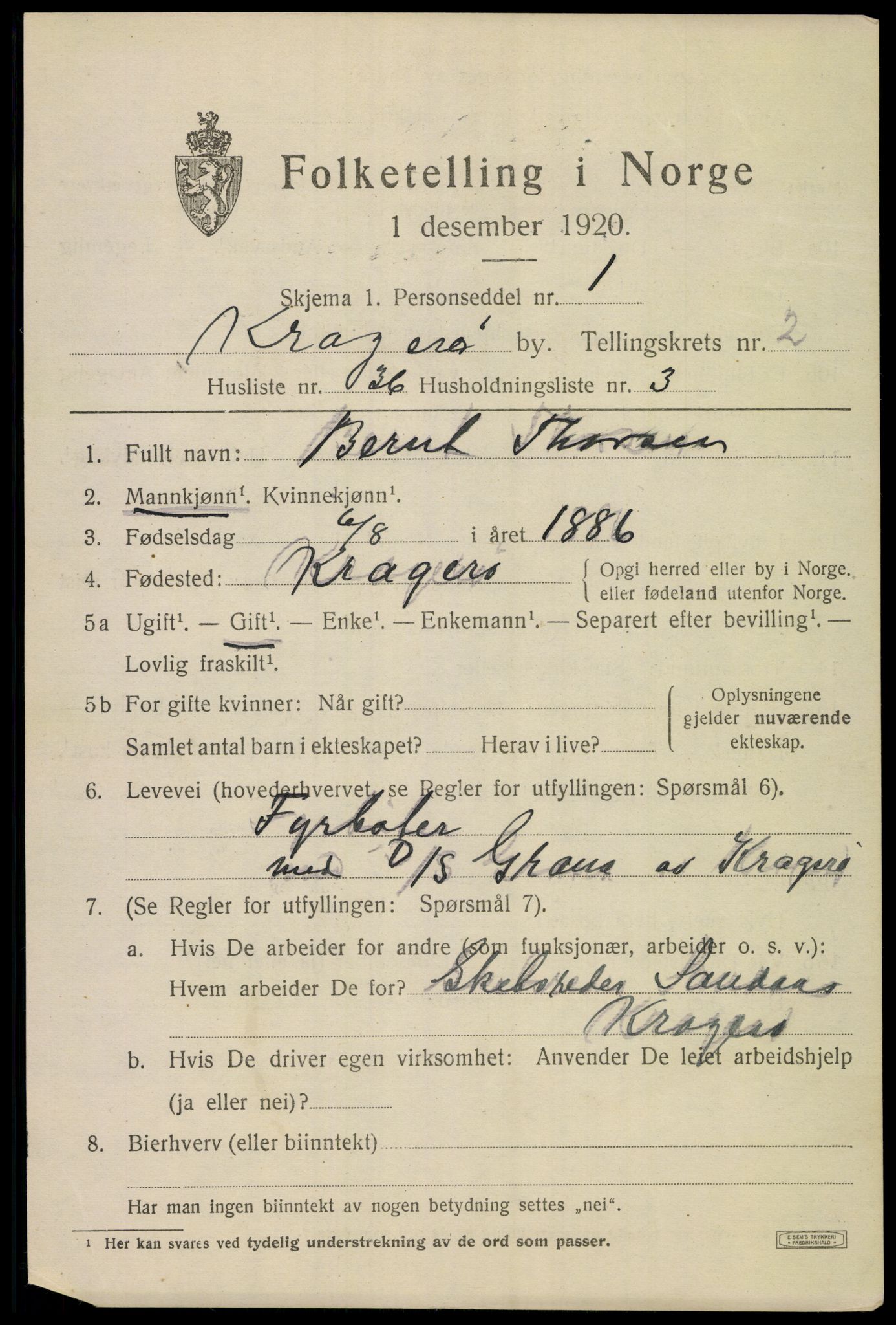 SAKO, 1920 census for Kragerø, 1920, p. 5789
