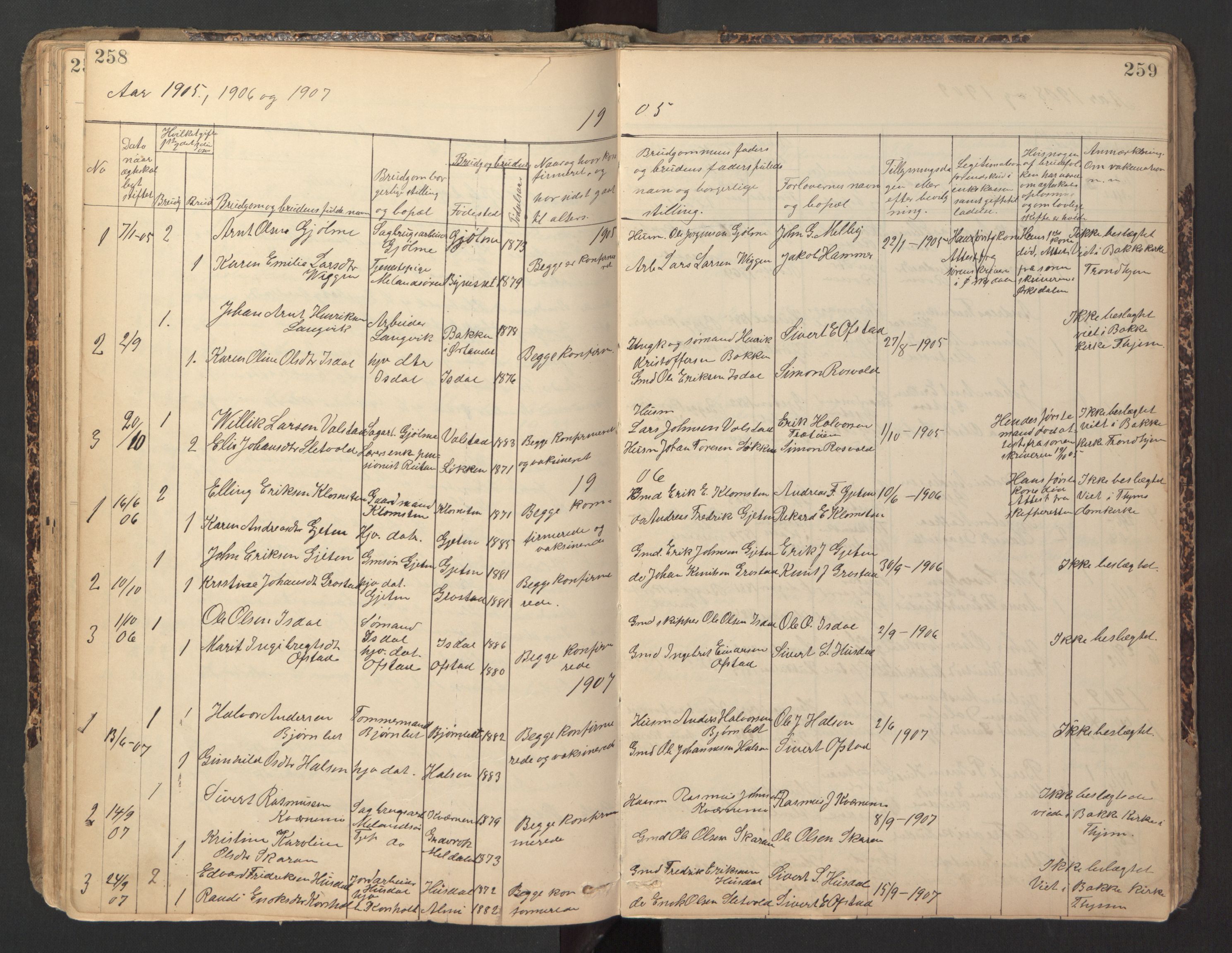 Ministerialprotokoller, klokkerbøker og fødselsregistre - Sør-Trøndelag, SAT/A-1456/670/L0837: Parish register (copy) no. 670C01, 1905-1946, p. 258-259