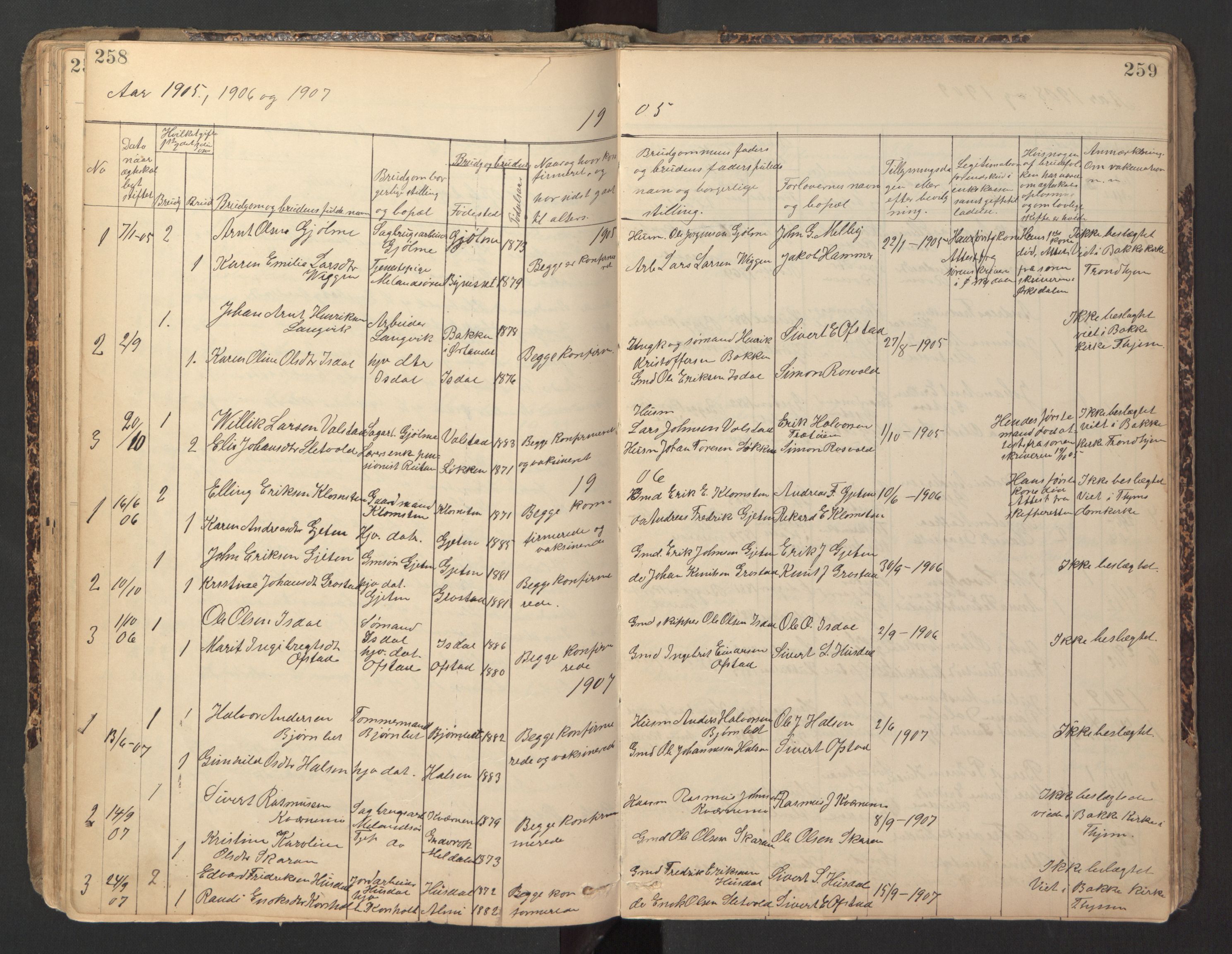 Ministerialprotokoller, klokkerbøker og fødselsregistre - Sør-Trøndelag, AV/SAT-A-1456/670/L0837: Parish register (copy) no. 670C01, 1905-1946, p. 258-259