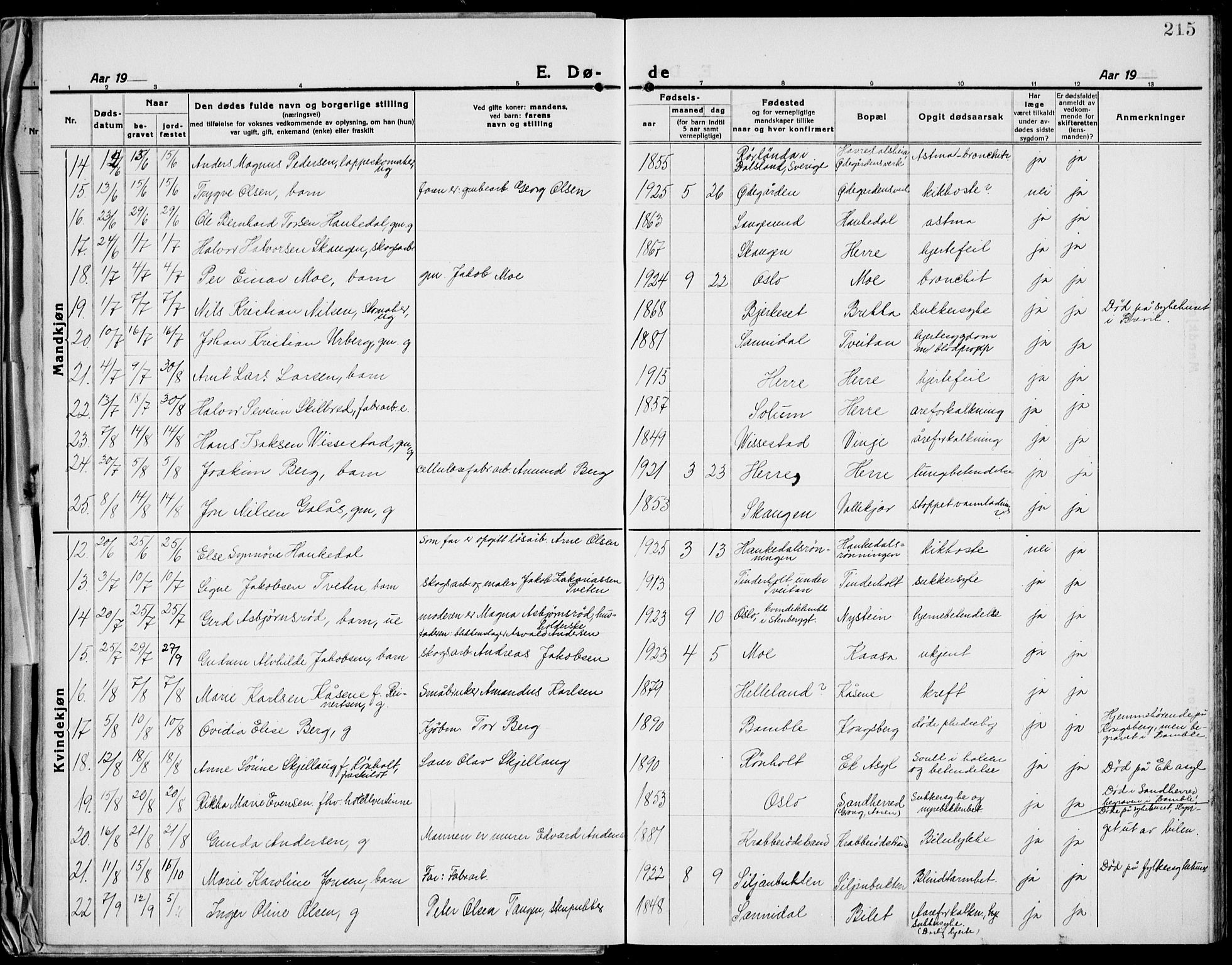 Bamble kirkebøker, AV/SAKO-A-253/G/Ga/L0011: Parish register (copy) no. I 11, 1920-1935, p. 215