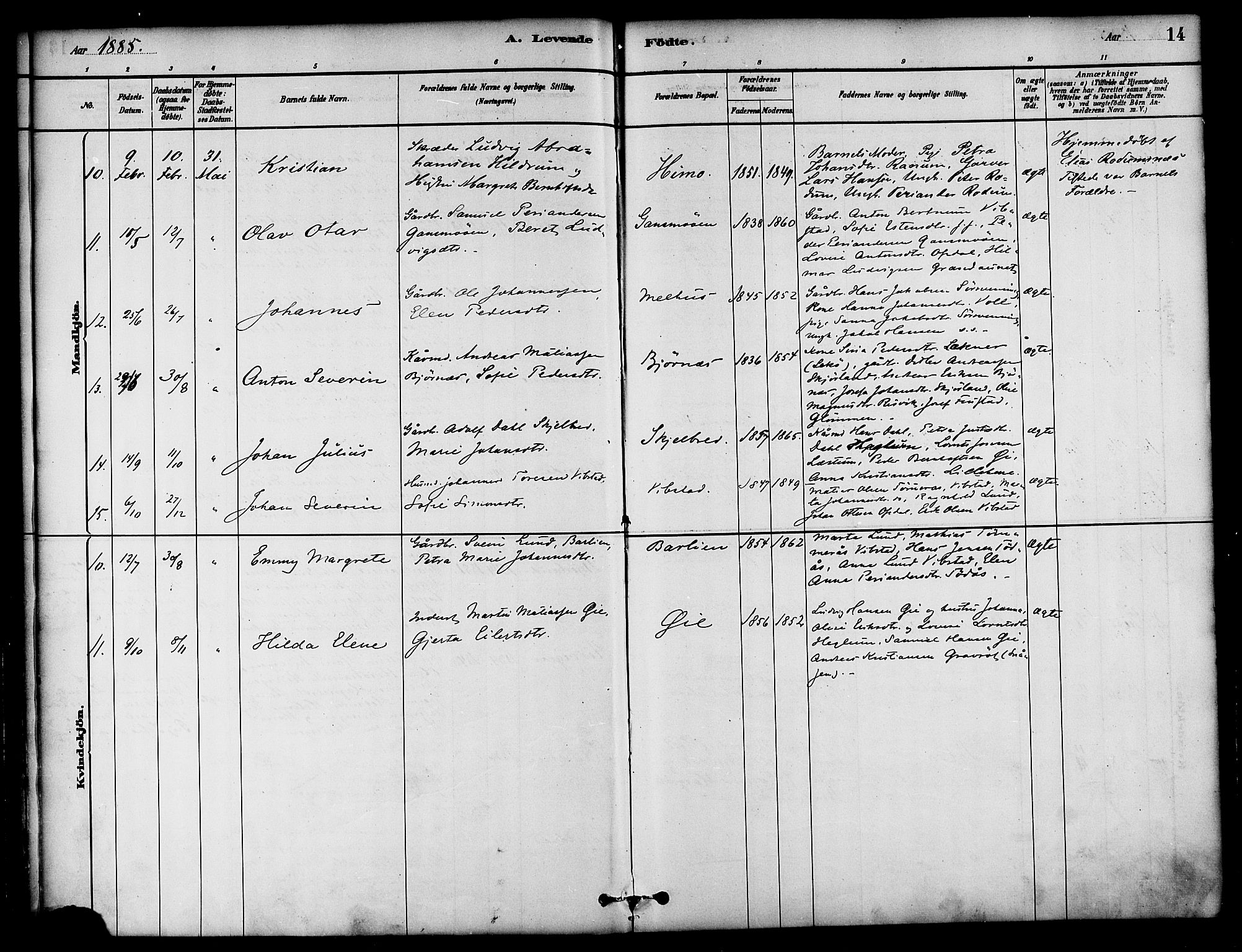 Ministerialprotokoller, klokkerbøker og fødselsregistre - Nord-Trøndelag, SAT/A-1458/764/L0555: Parish register (official) no. 764A10, 1881-1896, p. 14