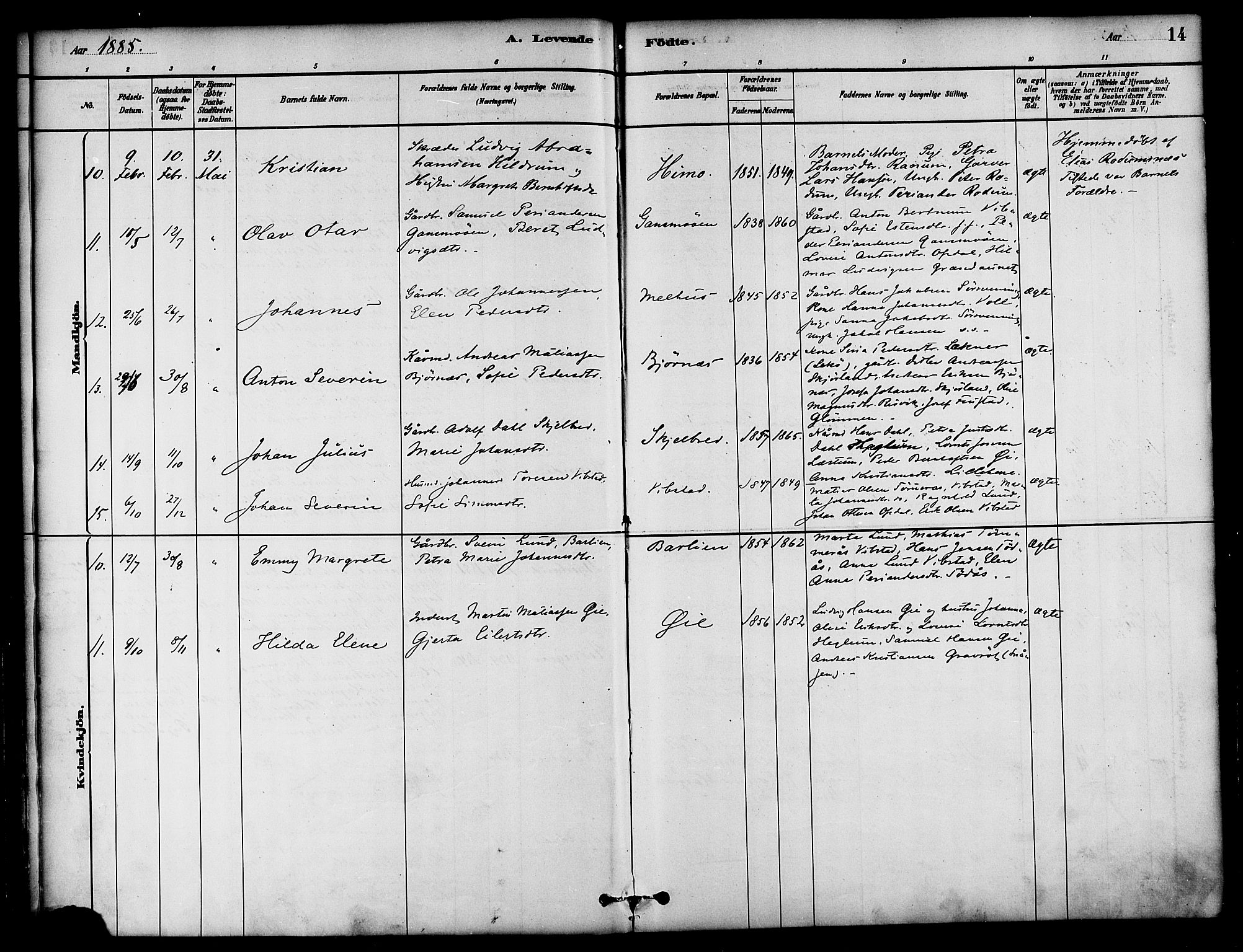 Ministerialprotokoller, klokkerbøker og fødselsregistre - Nord-Trøndelag, AV/SAT-A-1458/764/L0555: Parish register (official) no. 764A10, 1881-1896, p. 14