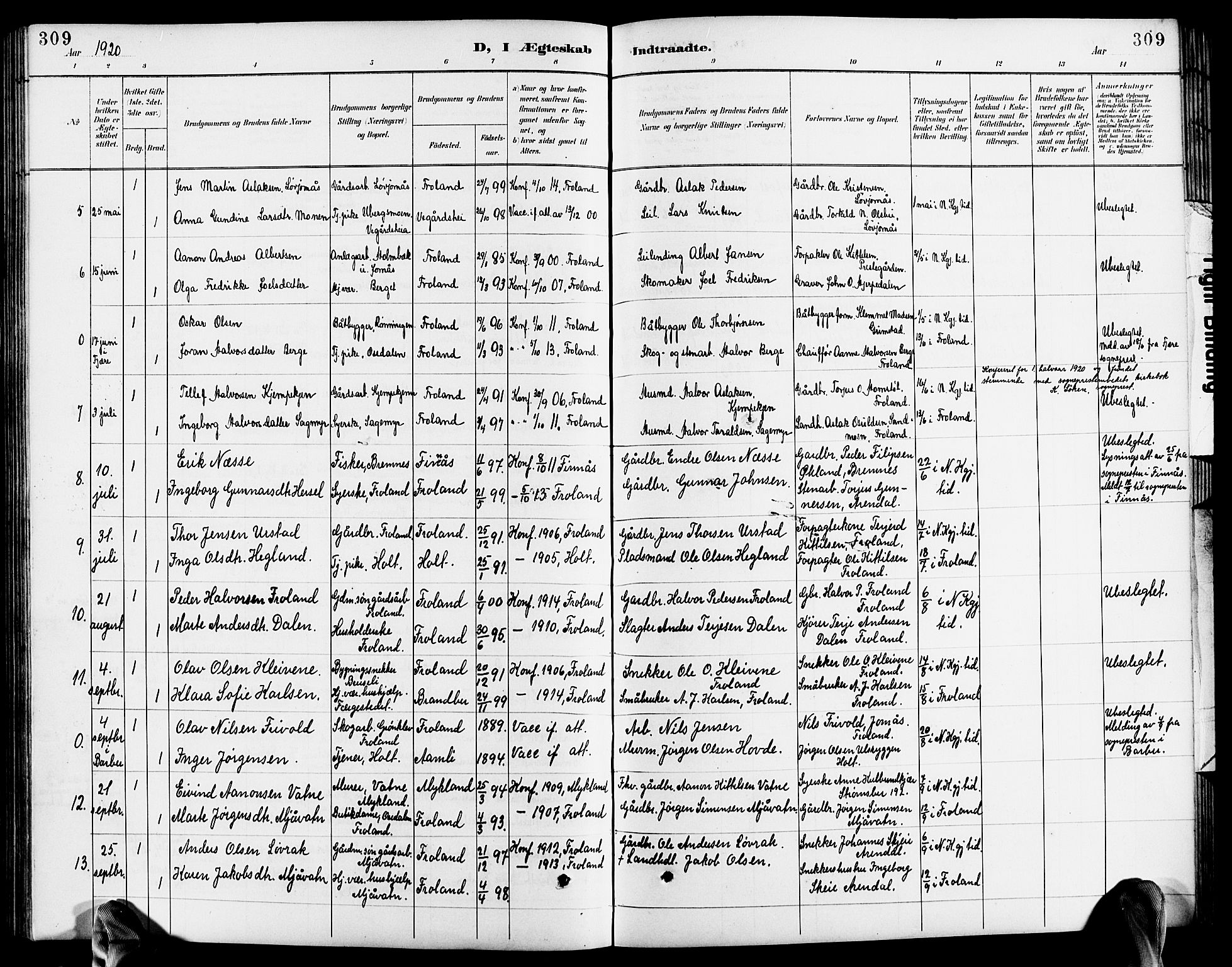 Froland sokneprestkontor, SAK/1111-0013/F/Fb/L0010: Parish register (copy) no. B 10, 1893-1920, p. 309