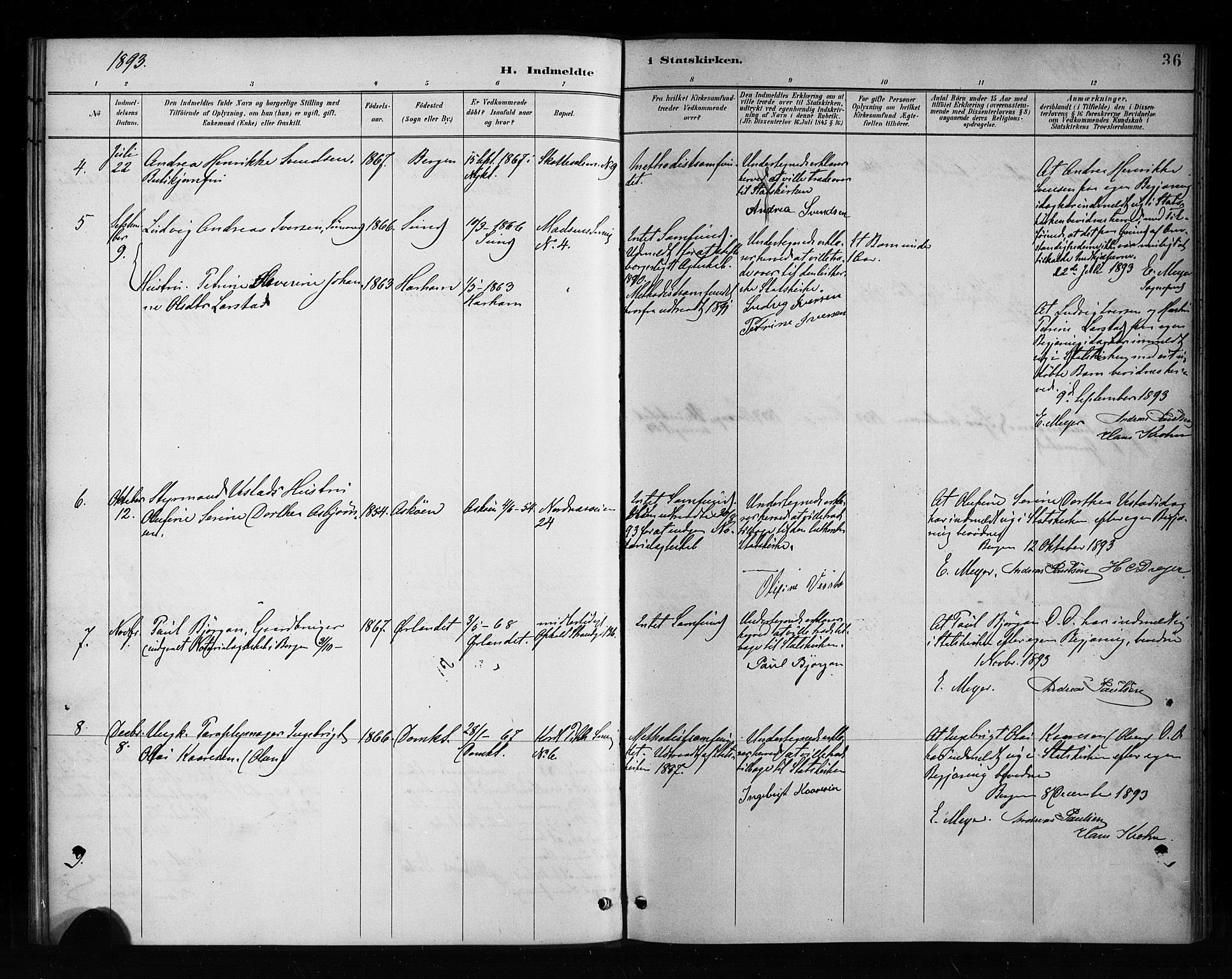 Nykirken Sokneprestembete, AV/SAB-A-77101/H/Haa/L0053: Parish register (official) no. H 2, 1887-1897, p. 36