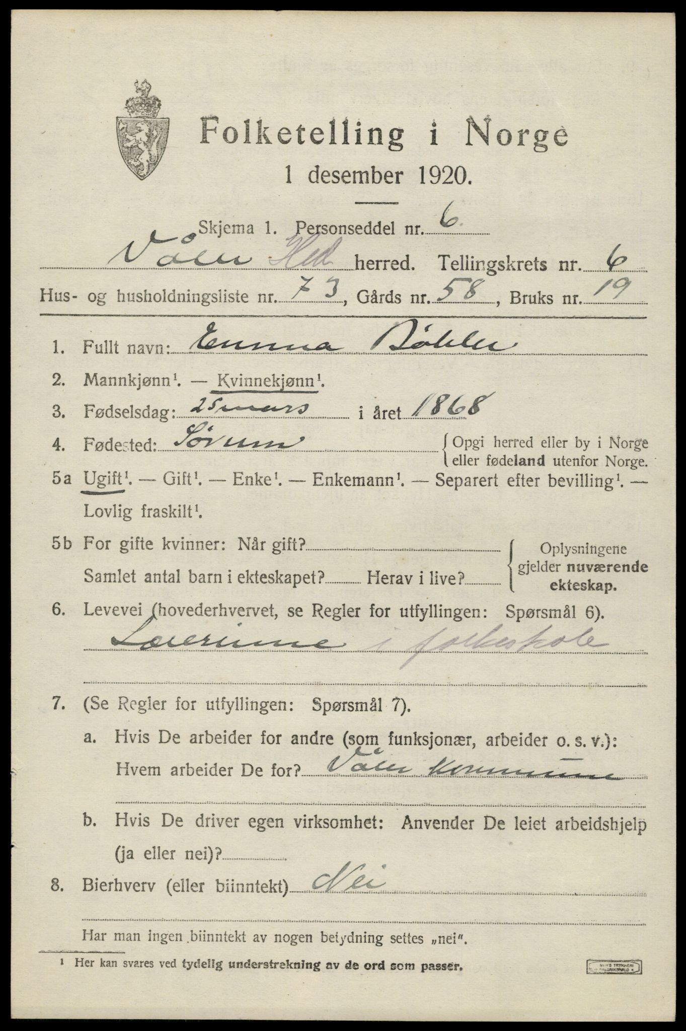 SAH, 1920 census for Våler (Hedmark), 1920, p. 7555