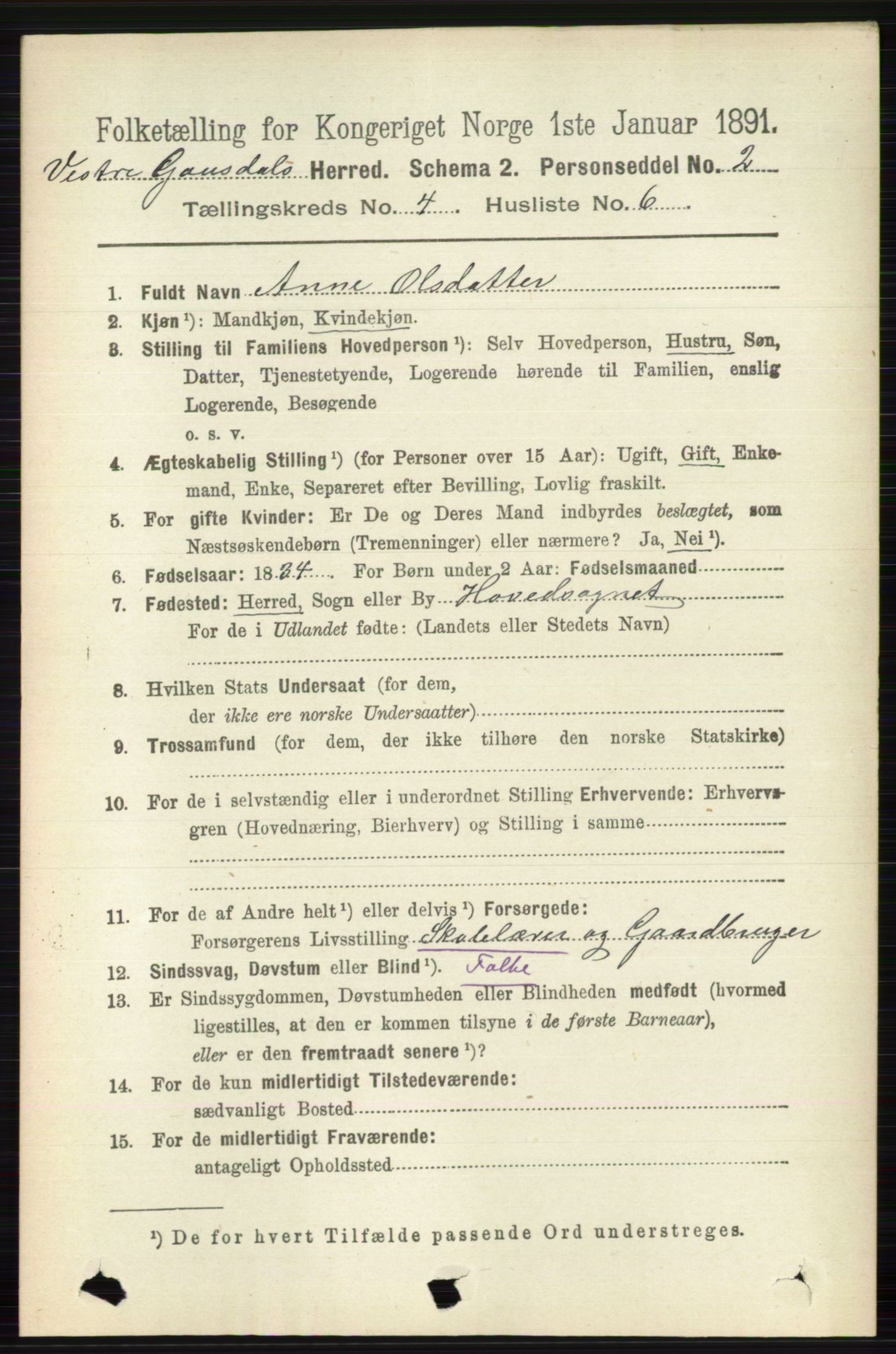 RA, 1891 census for 0523 Vestre Gausdal, 1891, p. 1741