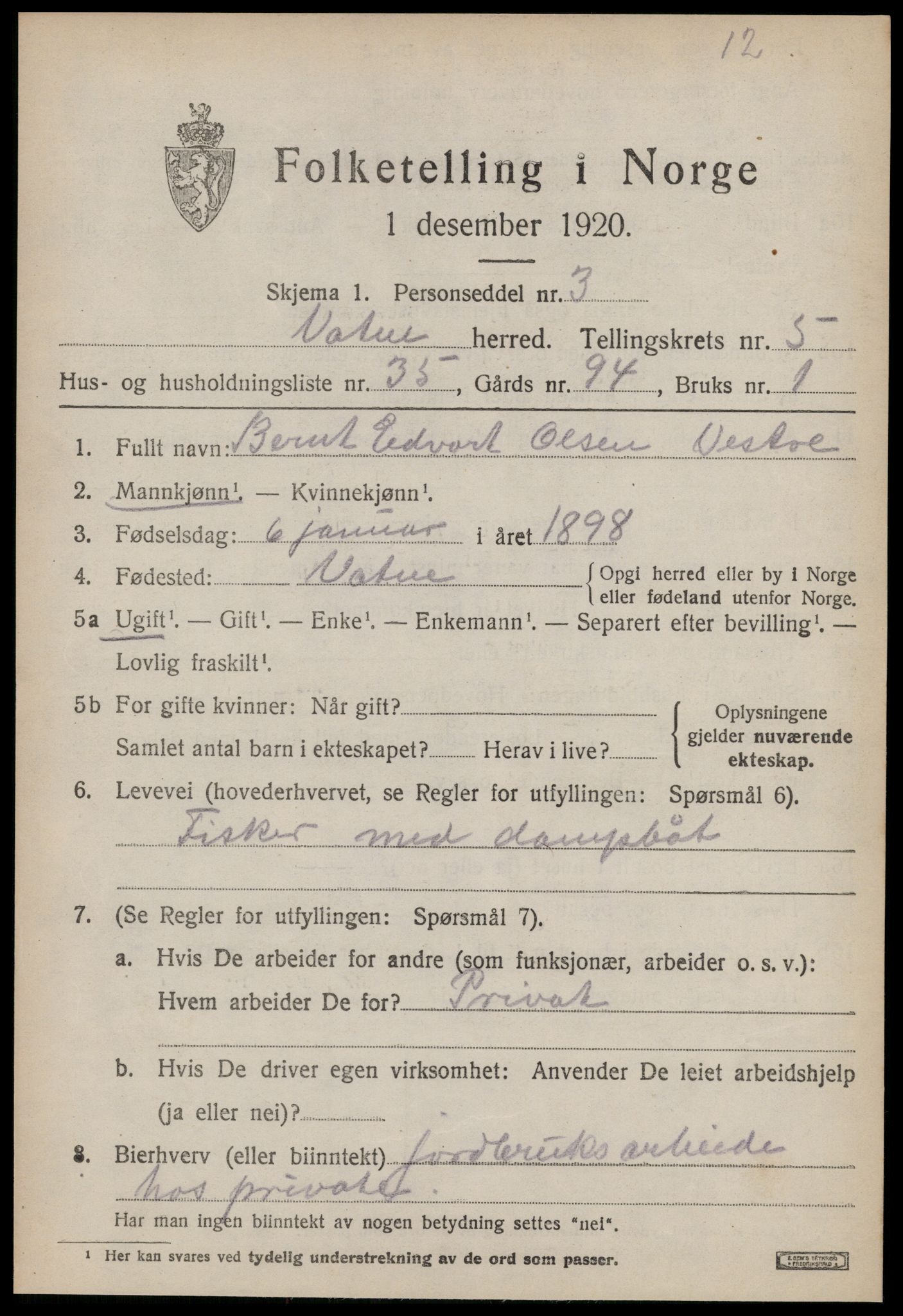 SAT, 1920 census for Vatne, 1920, p. 2682