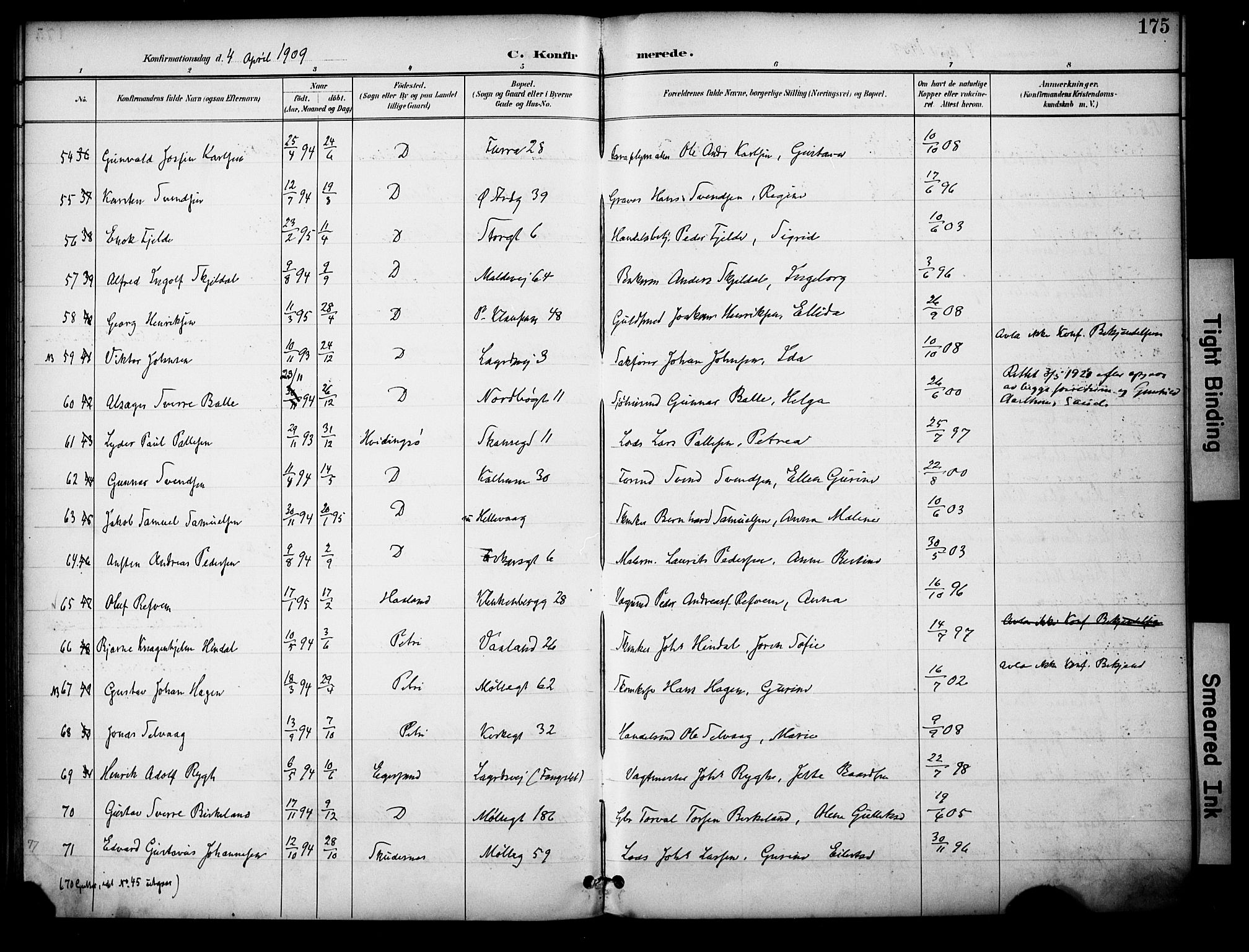 Domkirken sokneprestkontor, AV/SAST-A-101812/001/30/30BA/L0031: Parish register (official) no. A 30, 1896-1916, p. 175