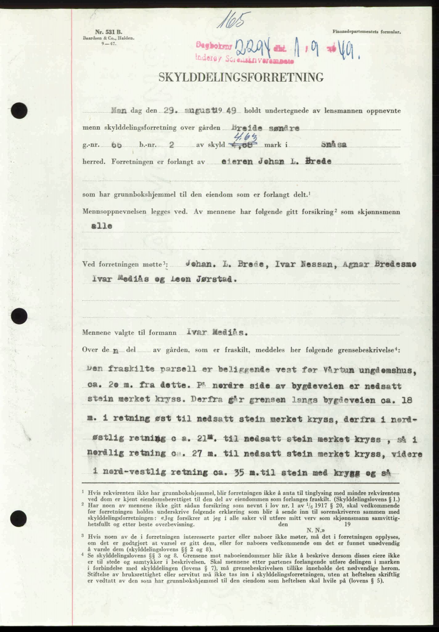 Inderøy sorenskriveri, AV/SAT-A-4147/1/2/2C: Mortgage book no. A 21, 1949-1949, Diary no: : 2294/1949