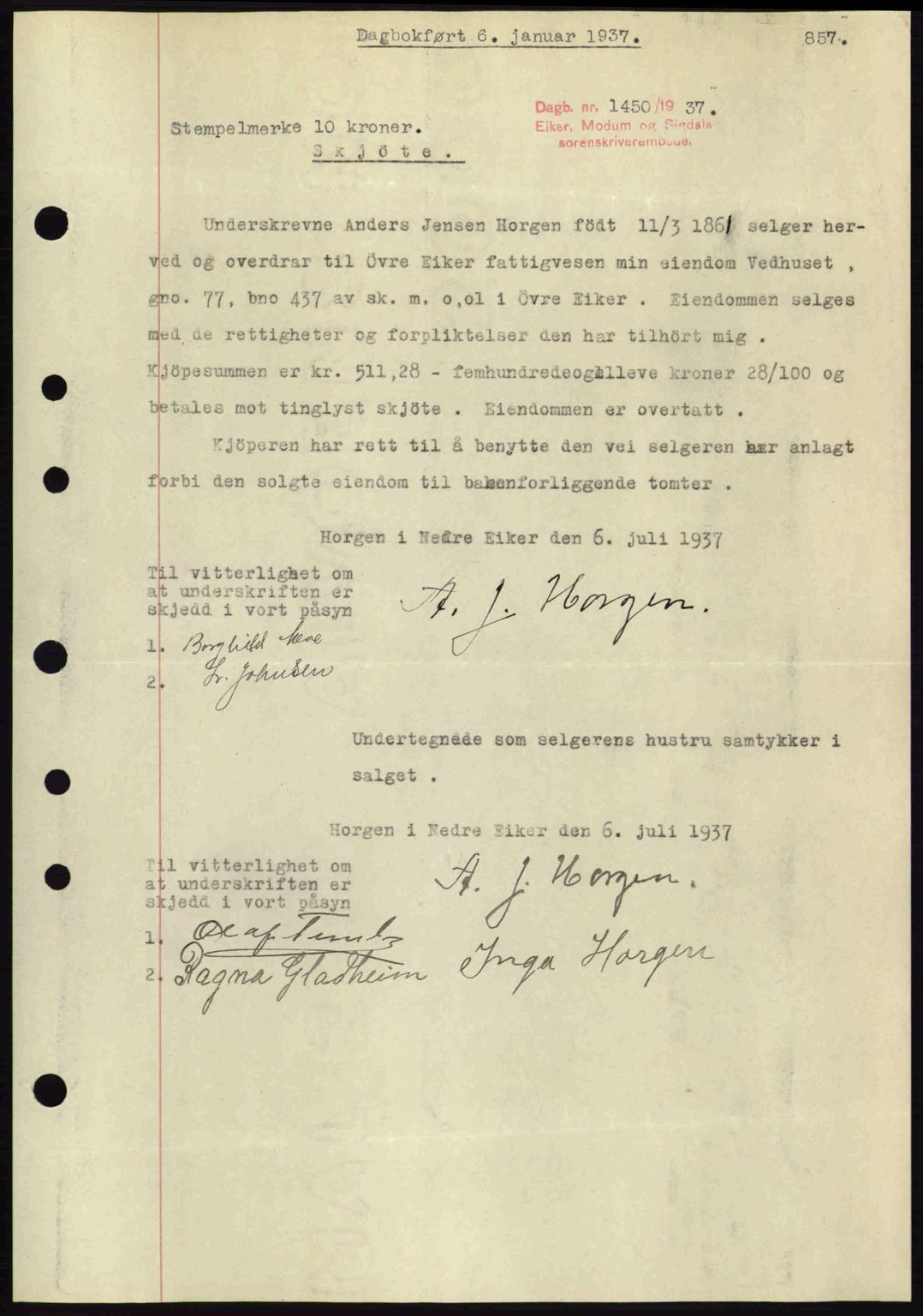 Eiker, Modum og Sigdal sorenskriveri, SAKO/A-123/G/Ga/Gab/L0035: Mortgage book no. A5, 1937-1937, Diary no: : 1450/1937