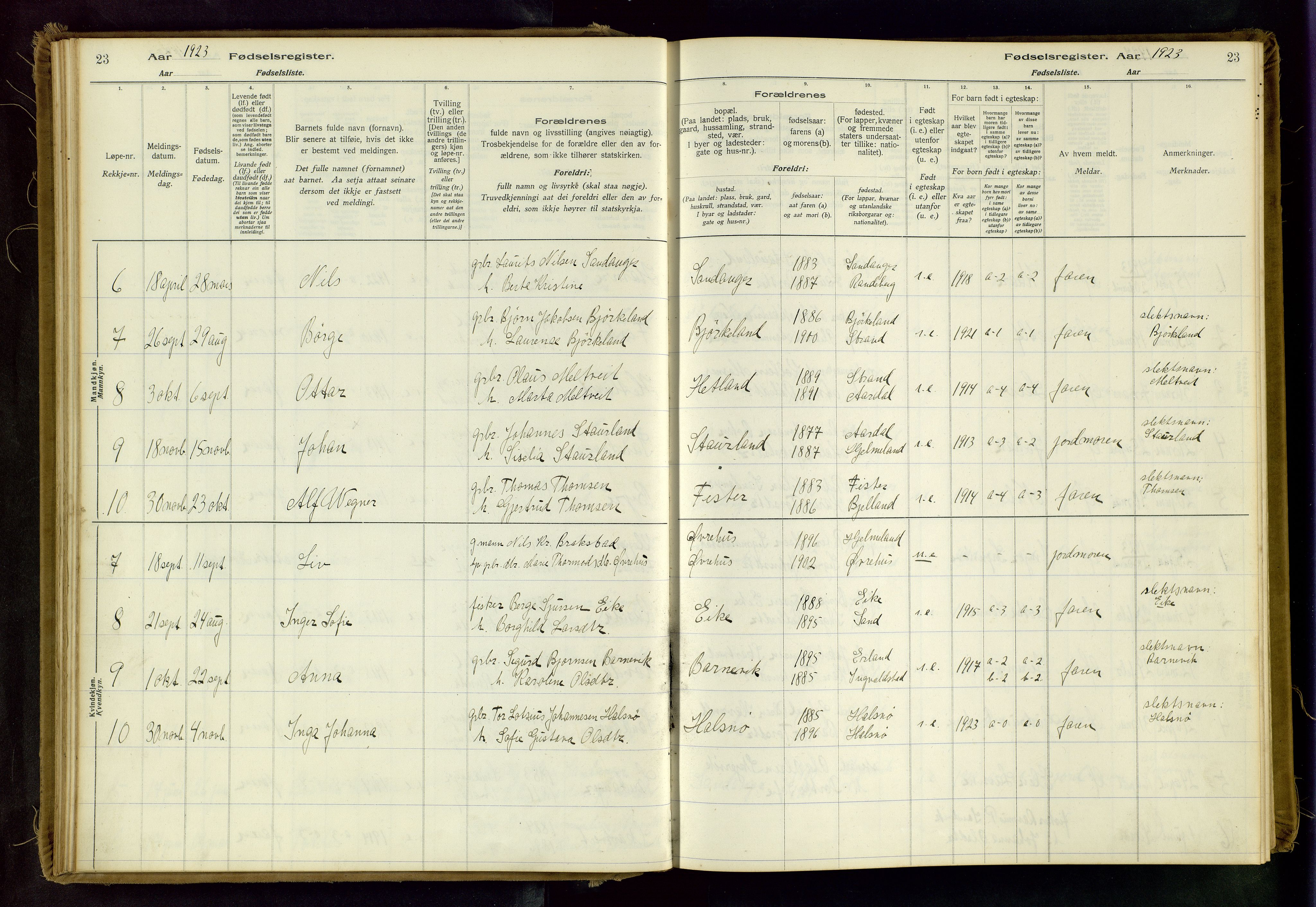 Hjelmeland sokneprestkontor, AV/SAST-A-101843/02/B/L0003: Birth register no. 3, 1916-1997, p. 23