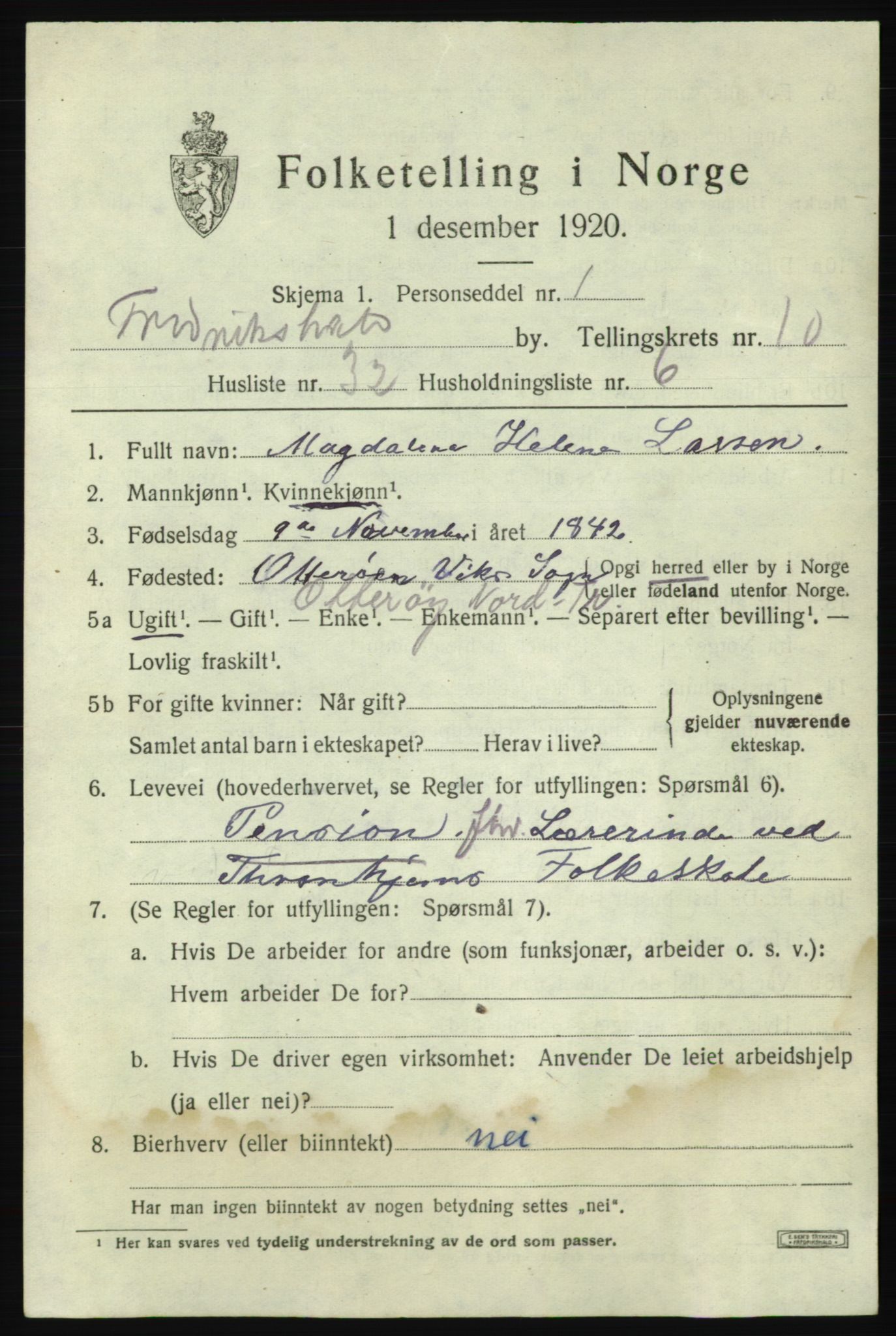 SAO, 1920 census for Fredrikshald, 1920, p. 18457
