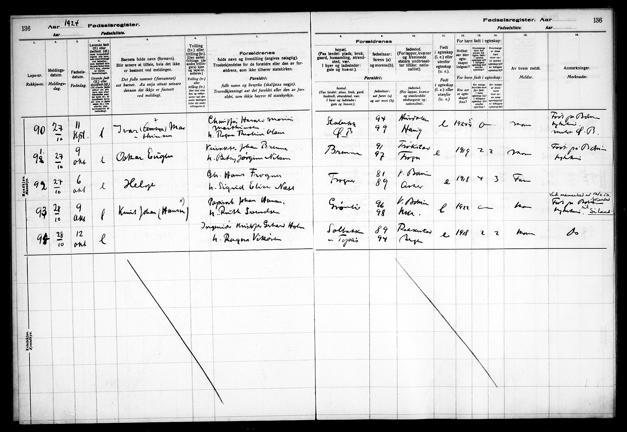 Vestre Bærum prestekontor Kirkebøker, AV/SAO-A-10209a/J/L0001: Birth register no. 1, 1916-1926, p. 136