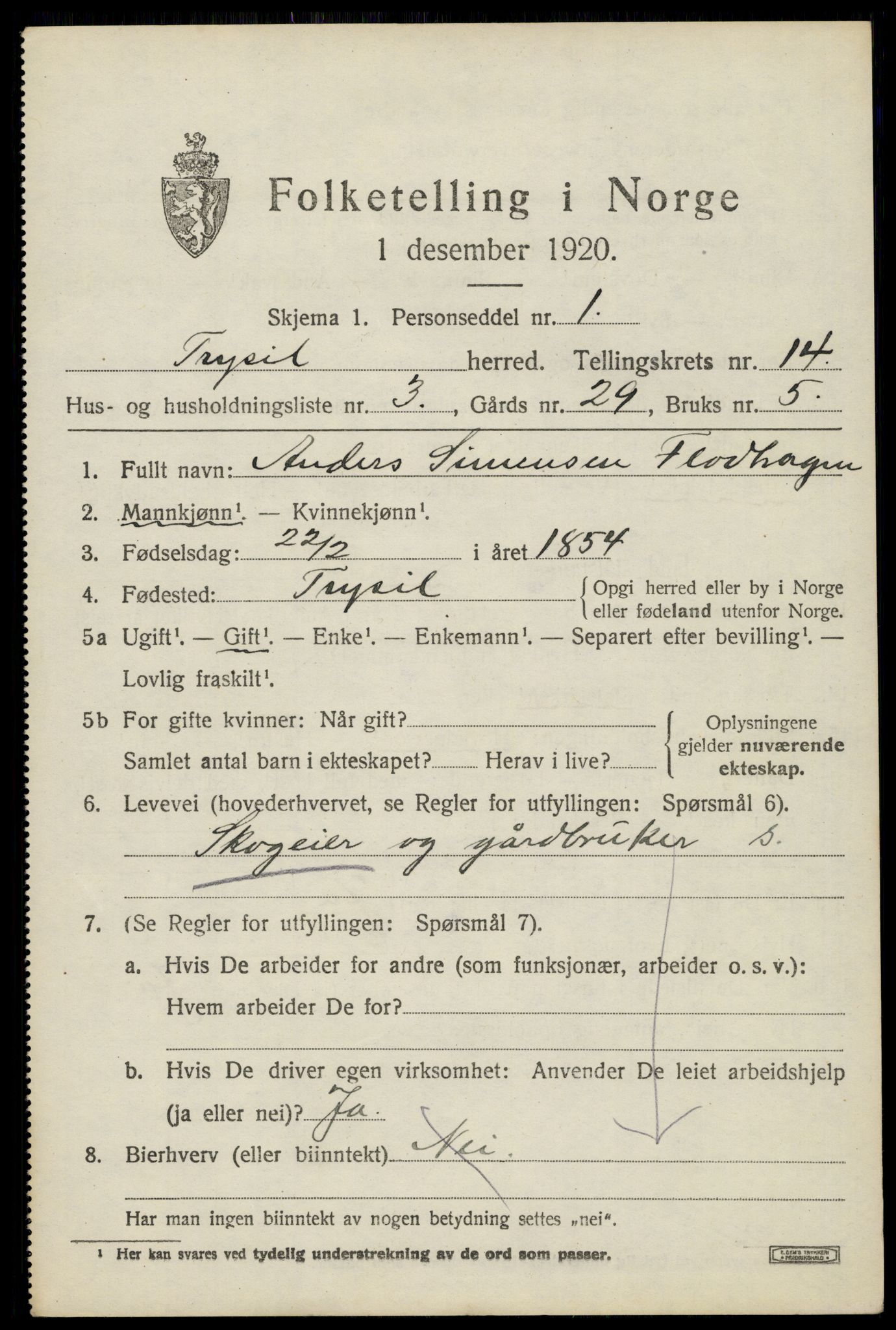 SAH, 1920 census for Trysil, 1920, p. 7899