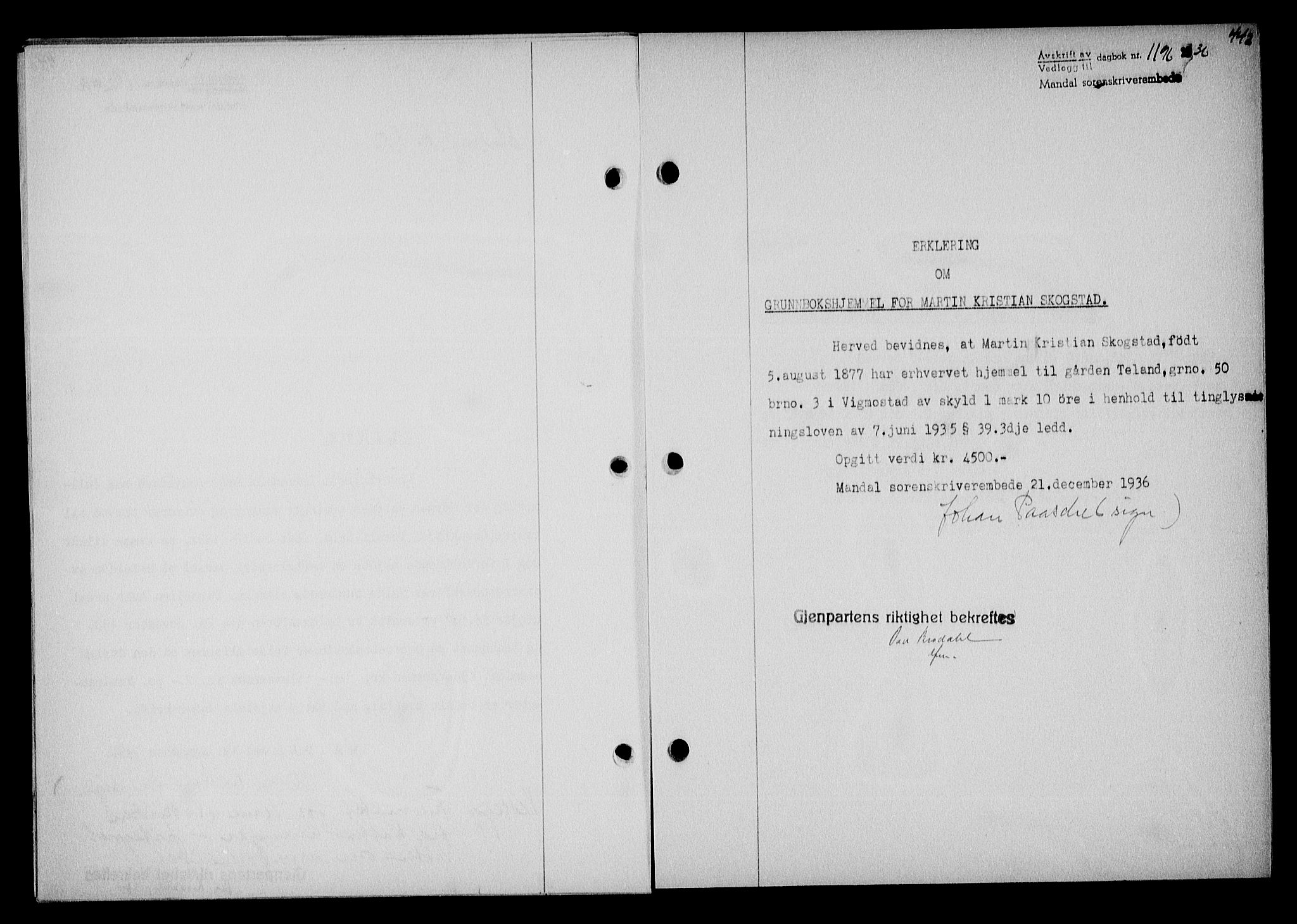 Mandal sorenskriveri, SAK/1221-0005/001/G/Gb/Gba/L0070: Mortgage book no. A-7, 1936-1937, Diary no: : 1196/1936