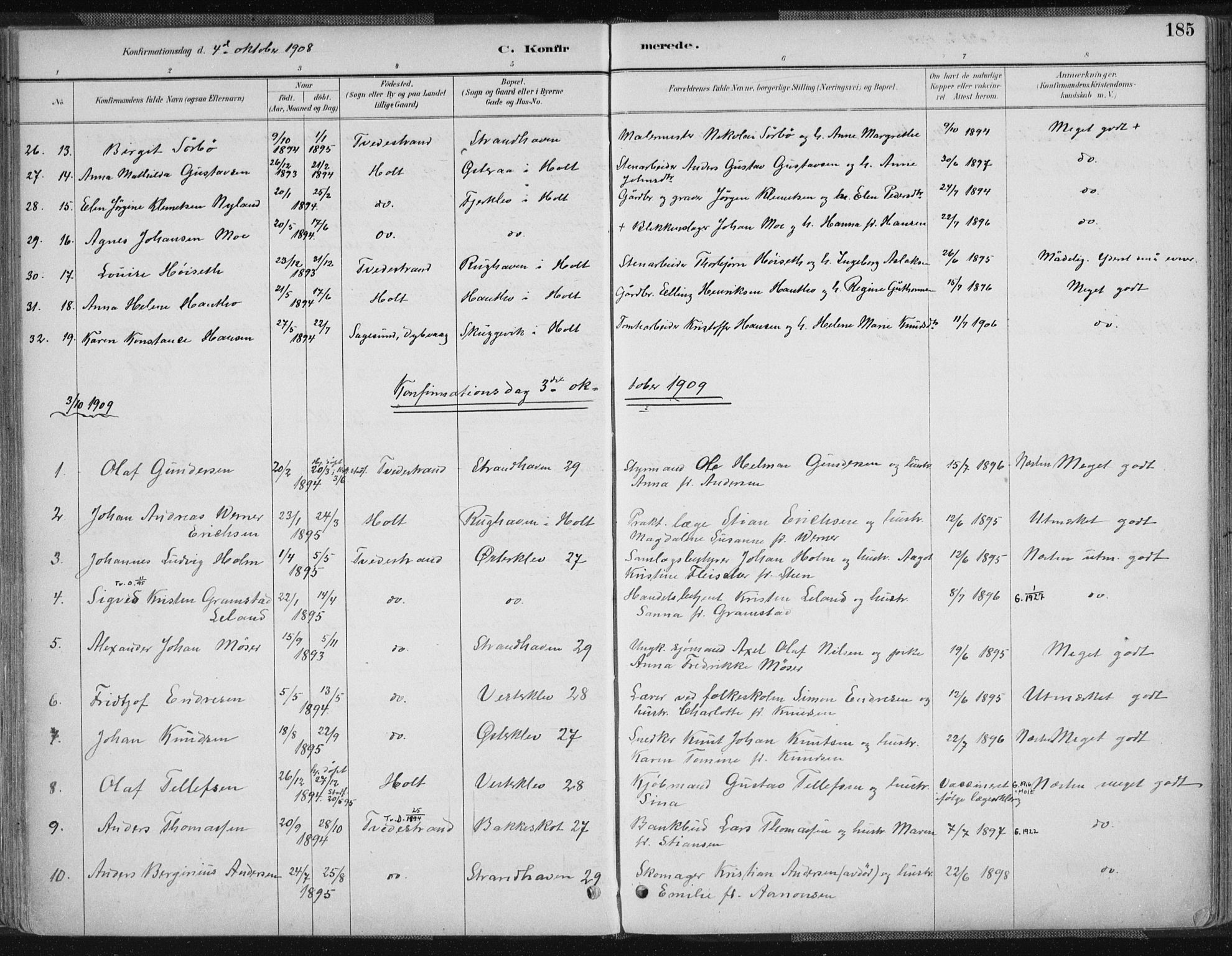 Tvedestrand sokneprestkontor, AV/SAK-1111-0042/F/Fa/L0001: Parish register (official) no. A 1, 1885-1916, p. 185