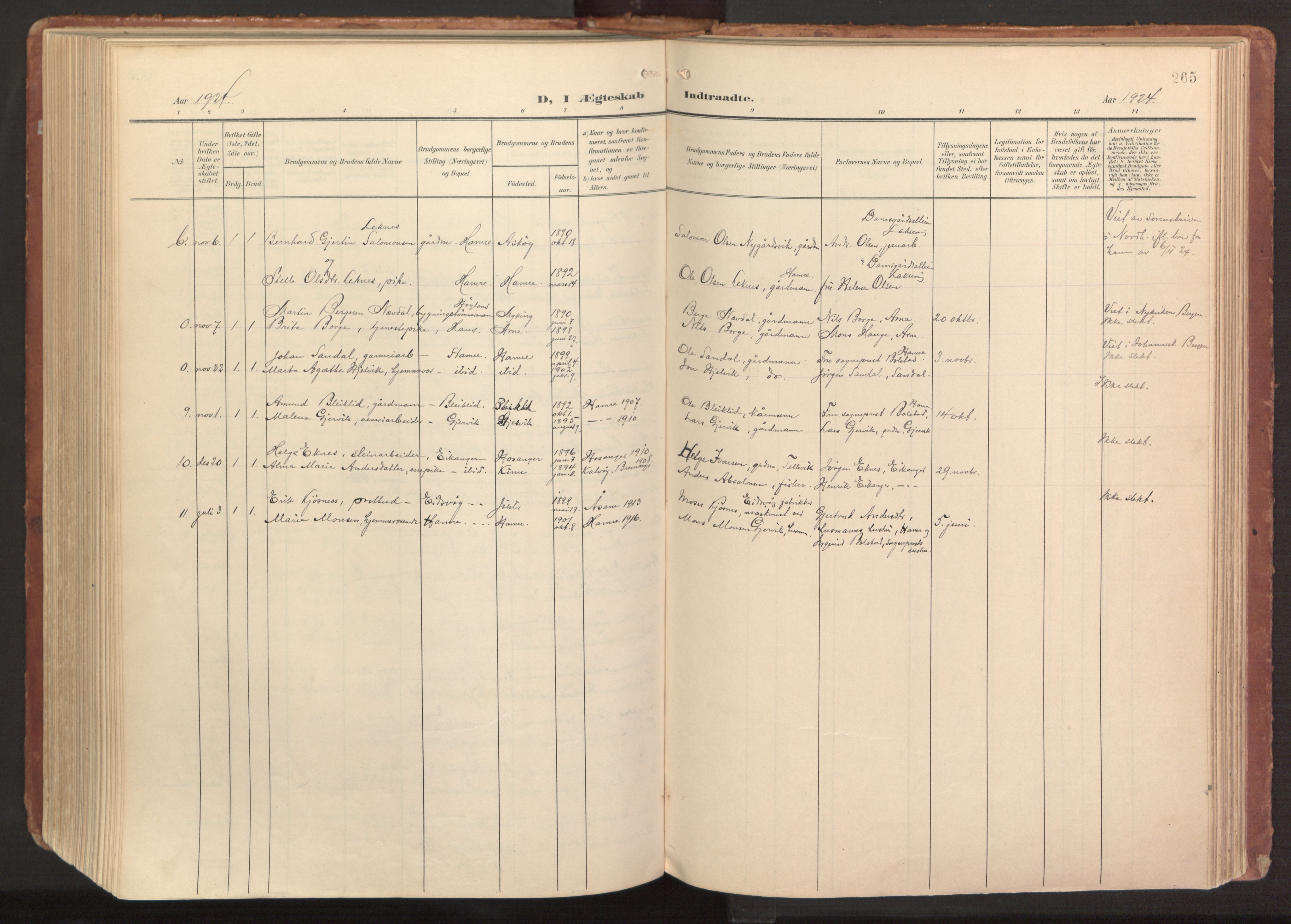 Hamre sokneprestembete, AV/SAB-A-75501/H/Ha/Haa/Haab/L0002: Parish register (official) no. B 2, 1905-1924, p. 265