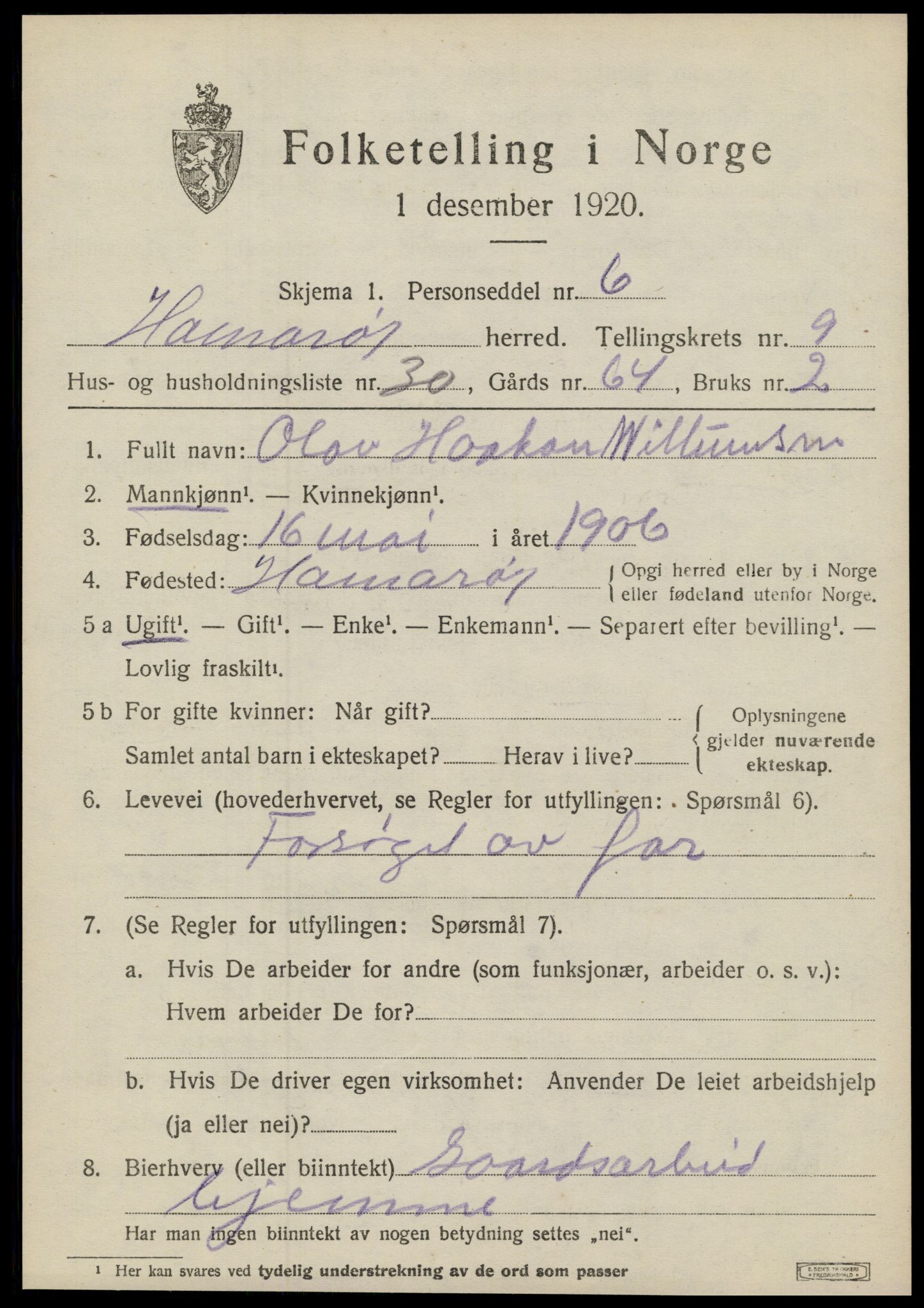 SAT, 1920 census for Hamarøy, 1920, p. 4598