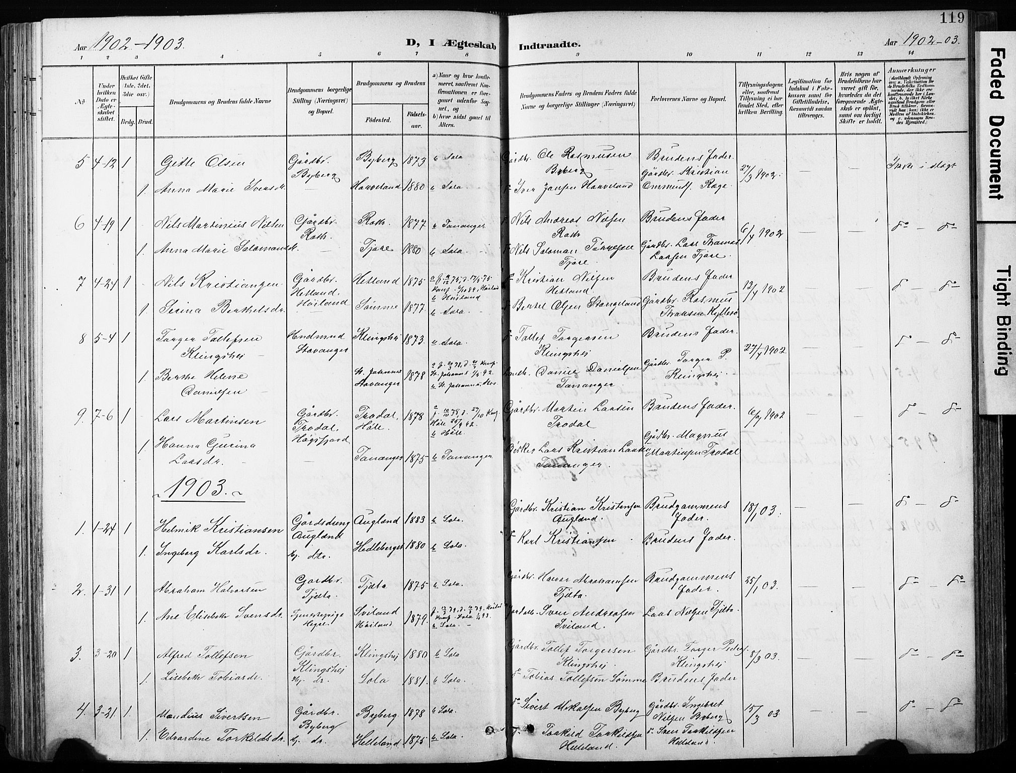 Håland sokneprestkontor, AV/SAST-A-101802/001/30BA/L0013: Parish register (official) no. A 12, 1901-1913, p. 119