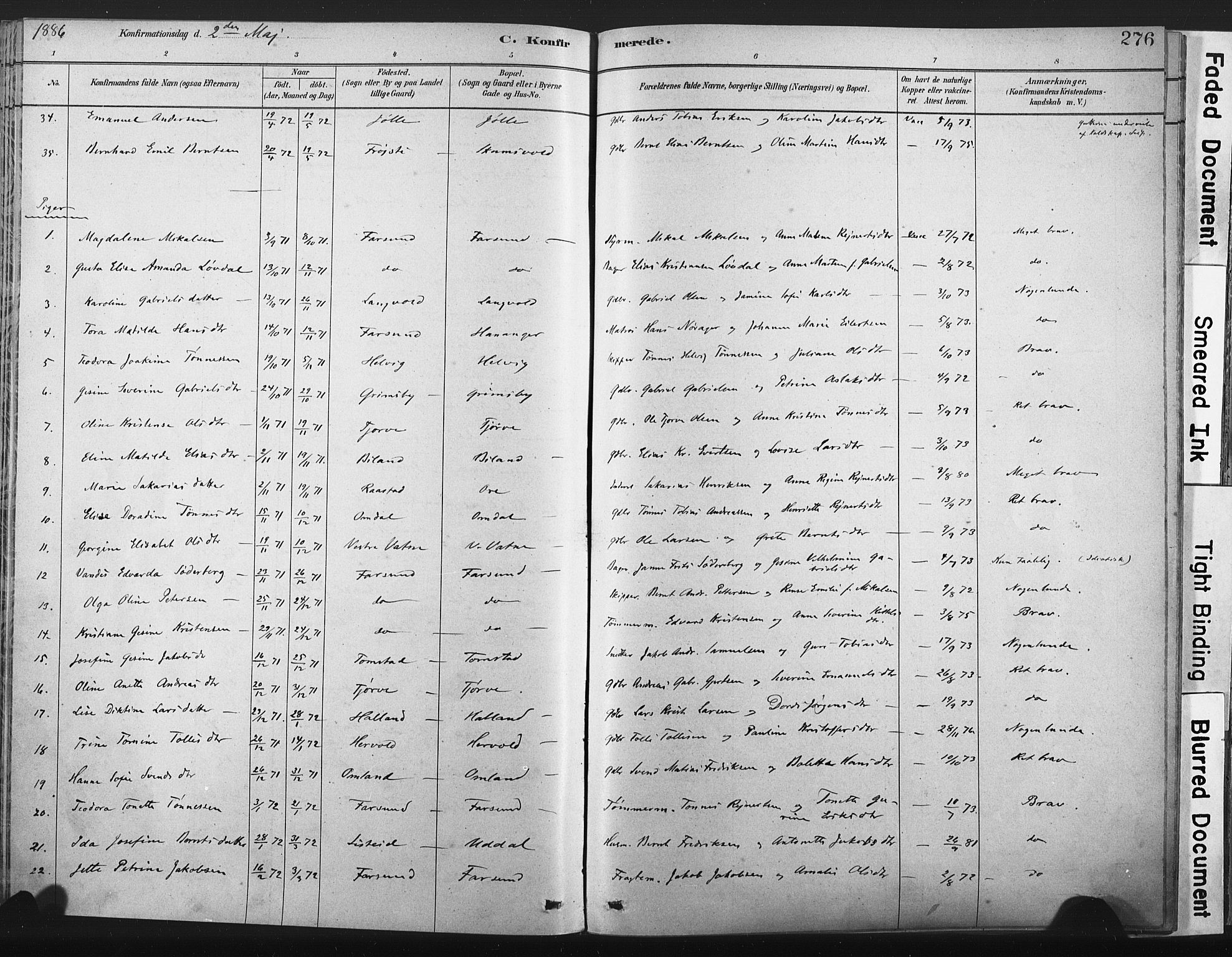 Lista sokneprestkontor, AV/SAK-1111-0027/F/Fa/L0012: Parish register (official) no. A 12, 1879-1903, p. 276