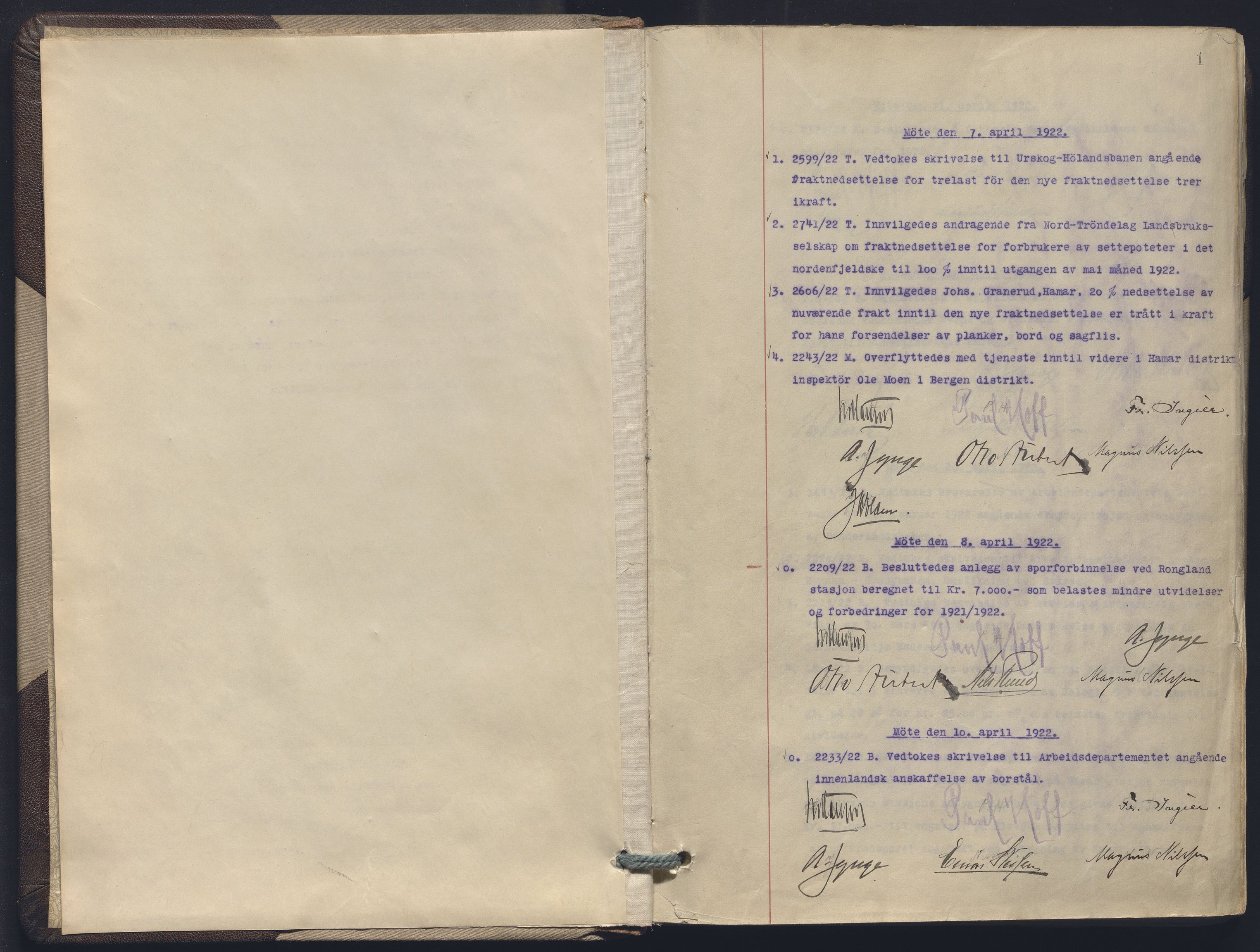 Norges statsbaner, Administrasjons- økonomi- og personalavdelingen, AV/RA-S-3412/A/Aa/L0019: Forhandlingsprotokoll, 1922-1924, p. 1