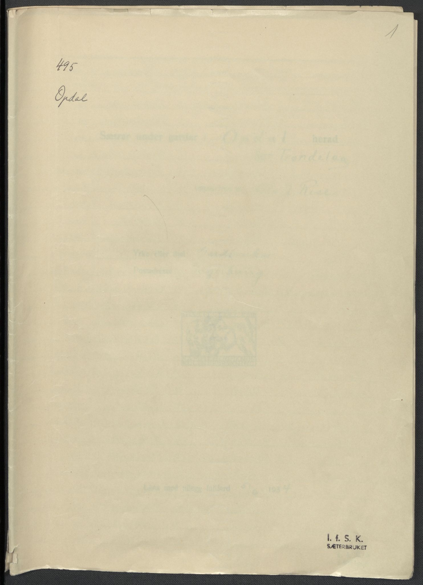 Instituttet for sammenlignende kulturforskning, RA/PA-0424/F/Fc/L0014/0001: Eske B14: / Sør-Trøndelag (perm XXXIX), 1934-1939, p. 1