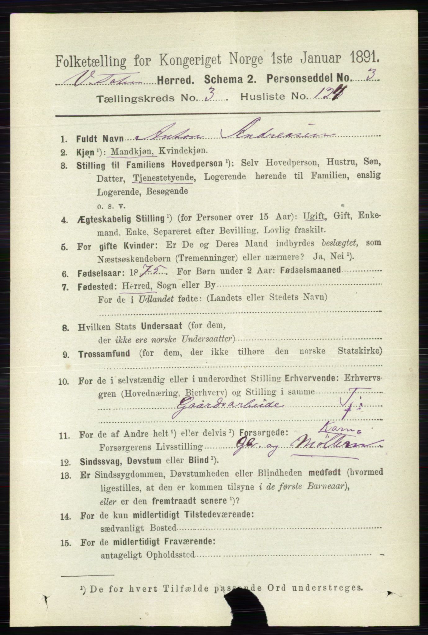 RA, 1891 census for 0529 Vestre Toten, 1891, p. 2628