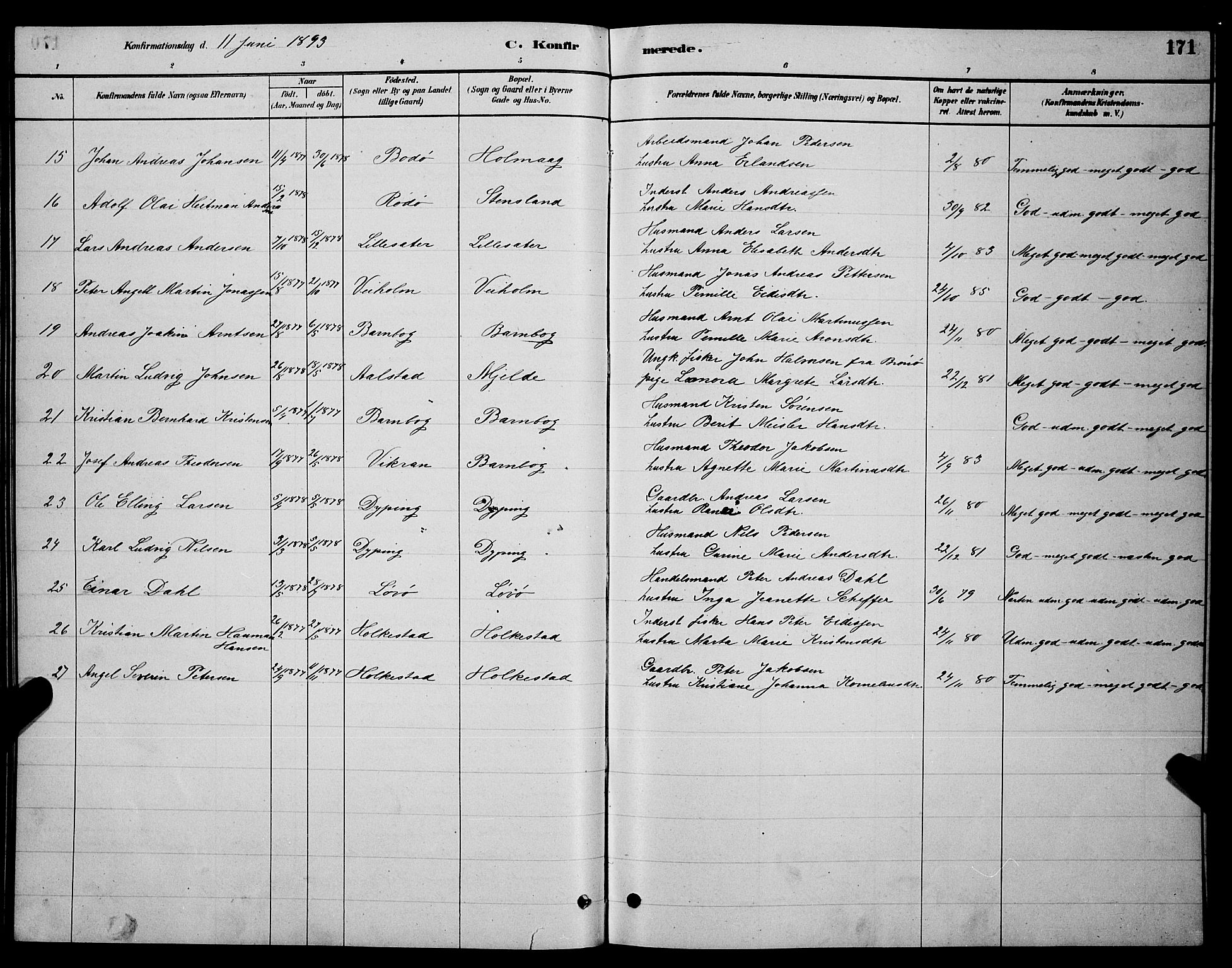 Ministerialprotokoller, klokkerbøker og fødselsregistre - Nordland, AV/SAT-A-1459/855/L0816: Parish register (copy) no. 855C05, 1879-1894, p. 171