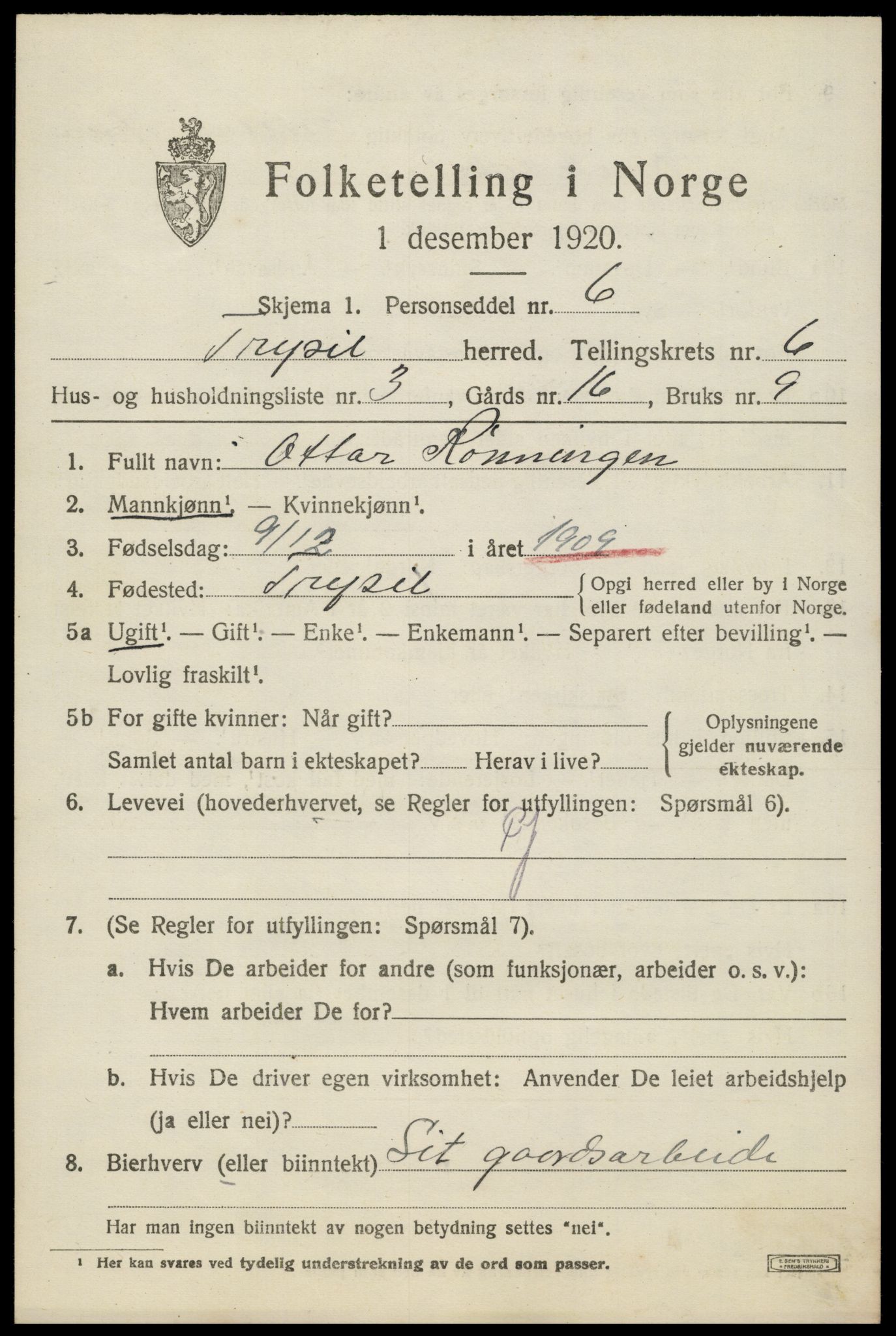 SAH, 1920 census for Trysil, 1920, p. 4577